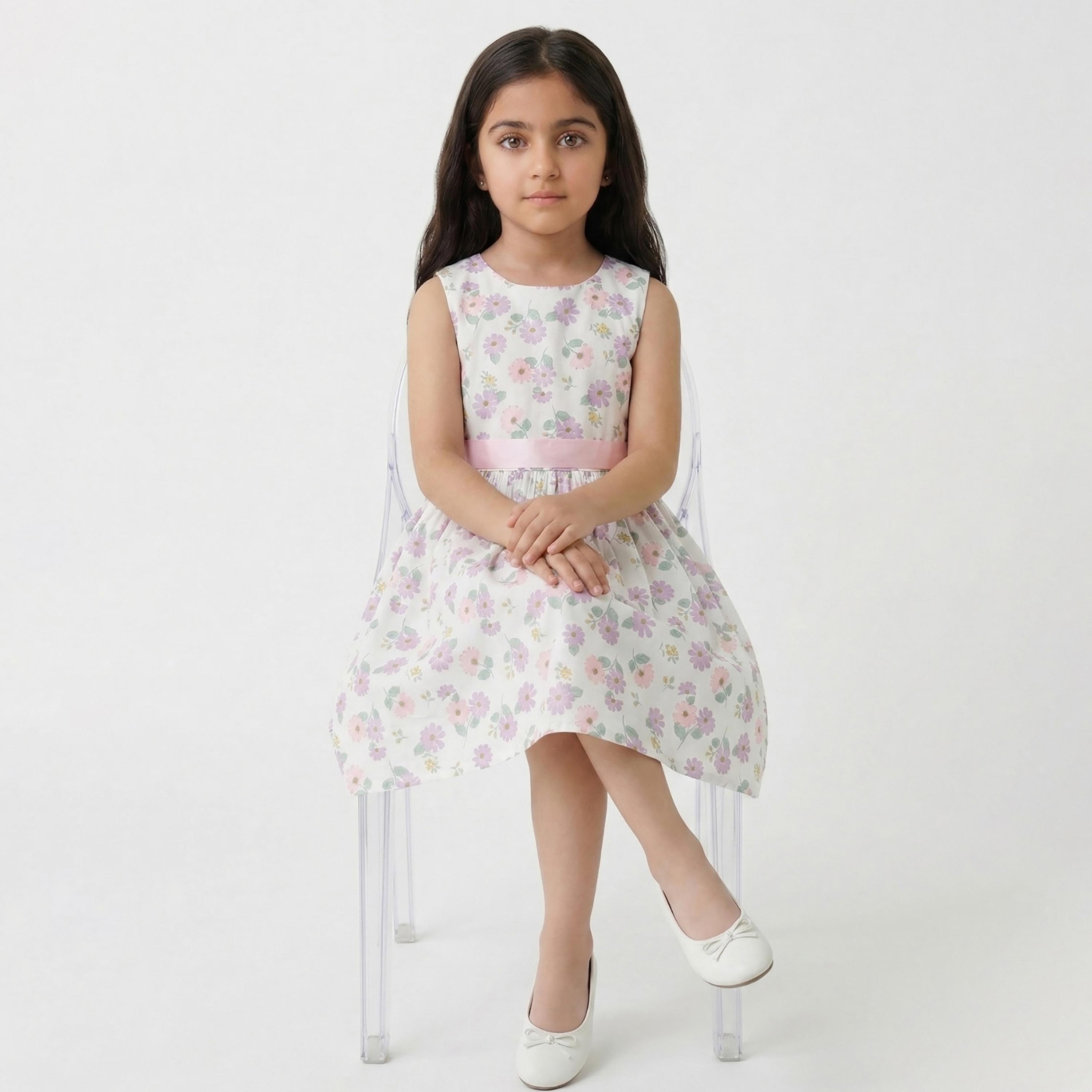 فستان قطني بدون أكمام بطبعة زهور مع حزام من بيبيكلو-girls-clothing-dressesandjumpsuits-image-4