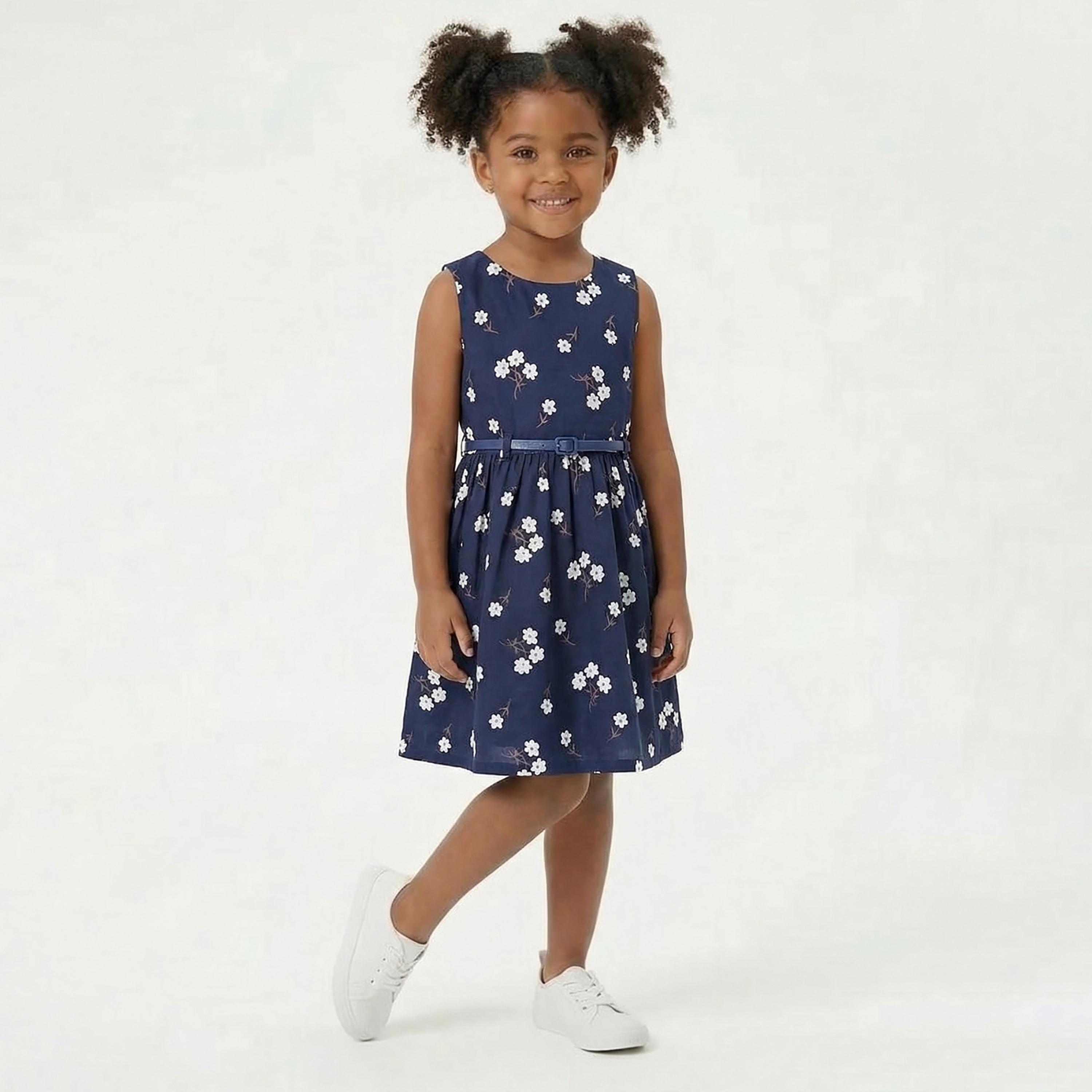 فستان قطني بدون أكمام بطبعة زهور مع حزام من بيبيكلو-girls-clothing-dressesandjumpsuits-image-1