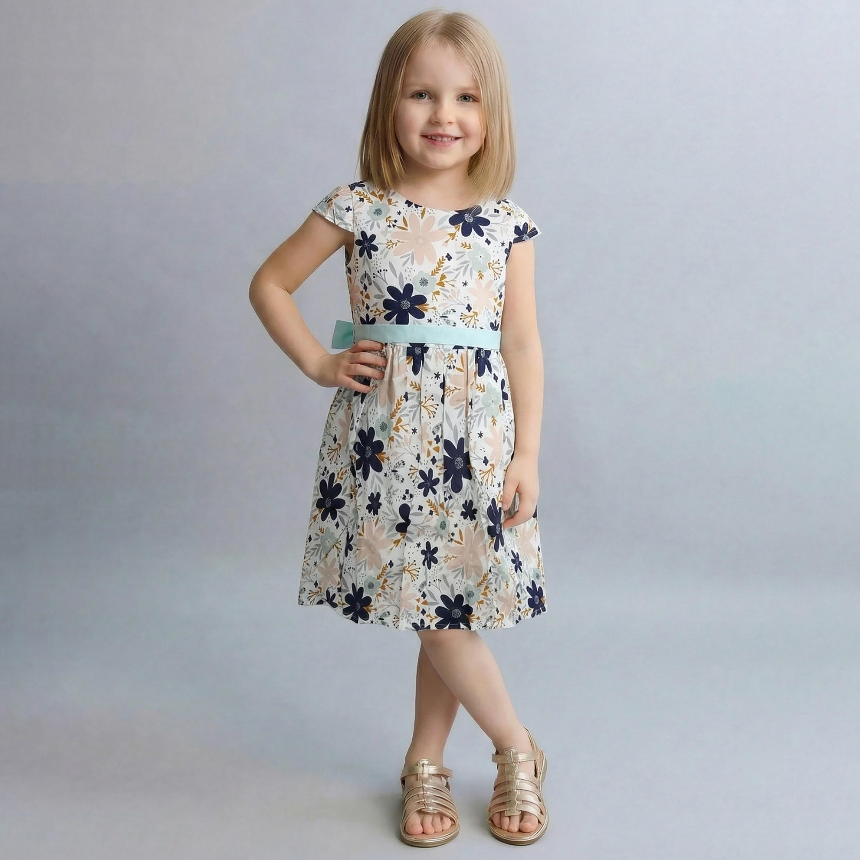 فستان قطني بأكمام قصيرة وطبعة زهور مع حزام من بيبيكلو-girls-clothing-dressesandjumpsuits-image-1