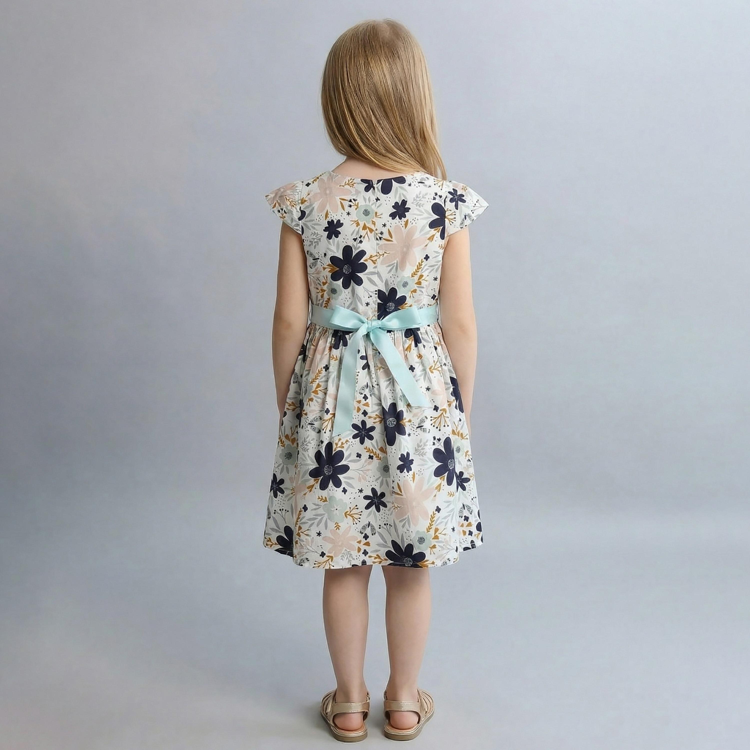 فستان قطني بأكمام قصيرة وطبعة زهور مع حزام من بيبيكلو-girls-clothing-dressesandjumpsuits-image-2