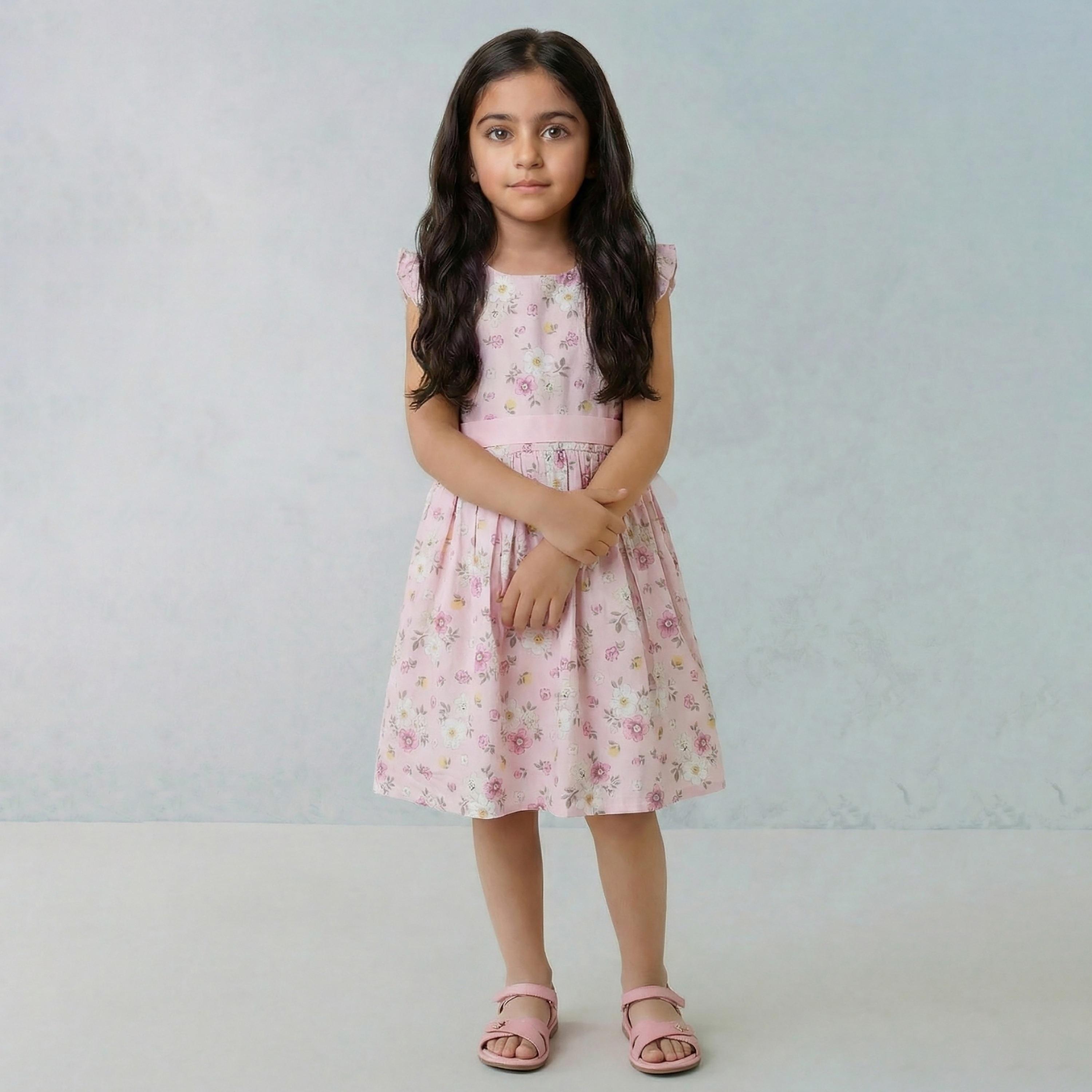 فستان قطني بأكمام كشكشة وطبعة زهور مع حزام من بيبيكلو-girls-clothing-dressesandjumpsuits-image-1