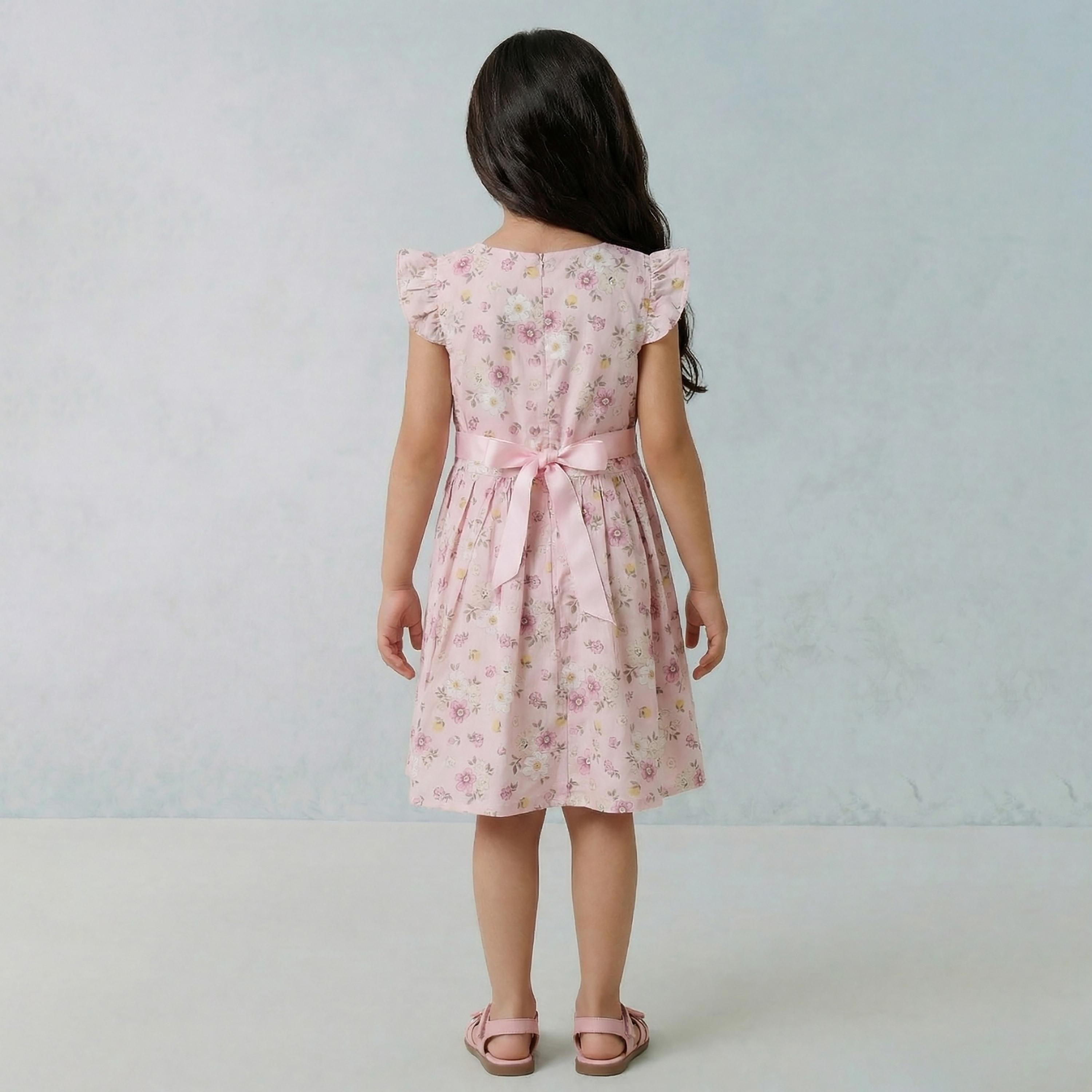 فستان قطني بأكمام كشكشة وطبعة زهور مع حزام من بيبيكلو-girls-clothing-dressesandjumpsuits-image-2