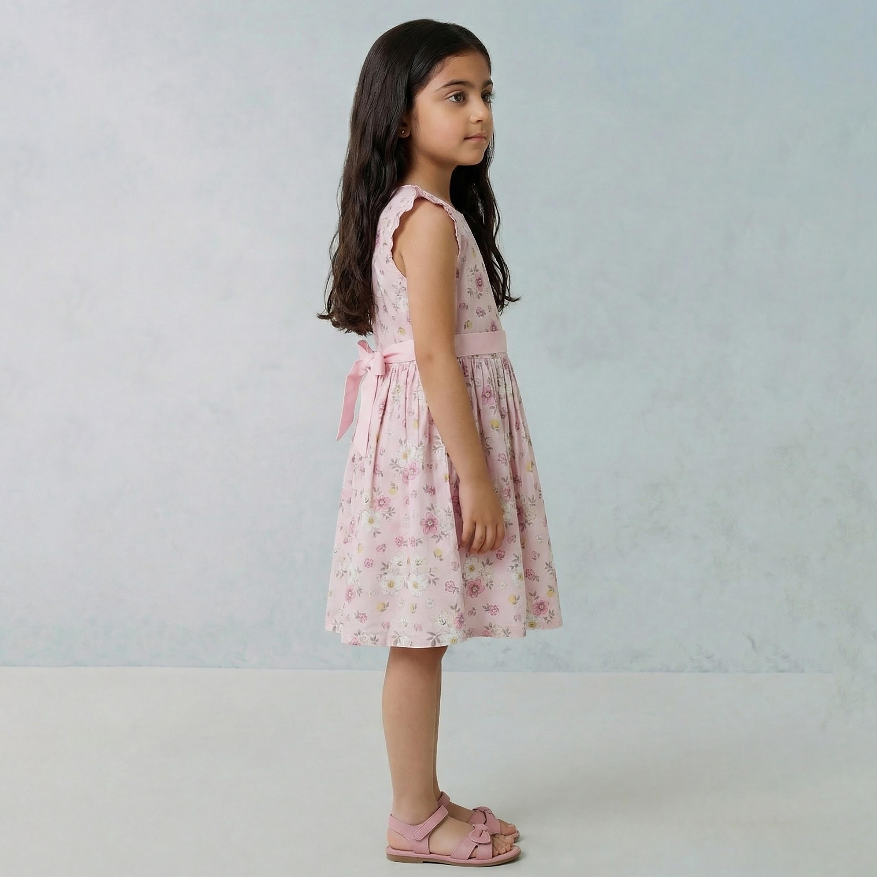 فستان قطني بأكمام كشكشة وطبعة زهور مع حزام من بيبيكلو-girls-clothing-dressesandjumpsuits-image-3