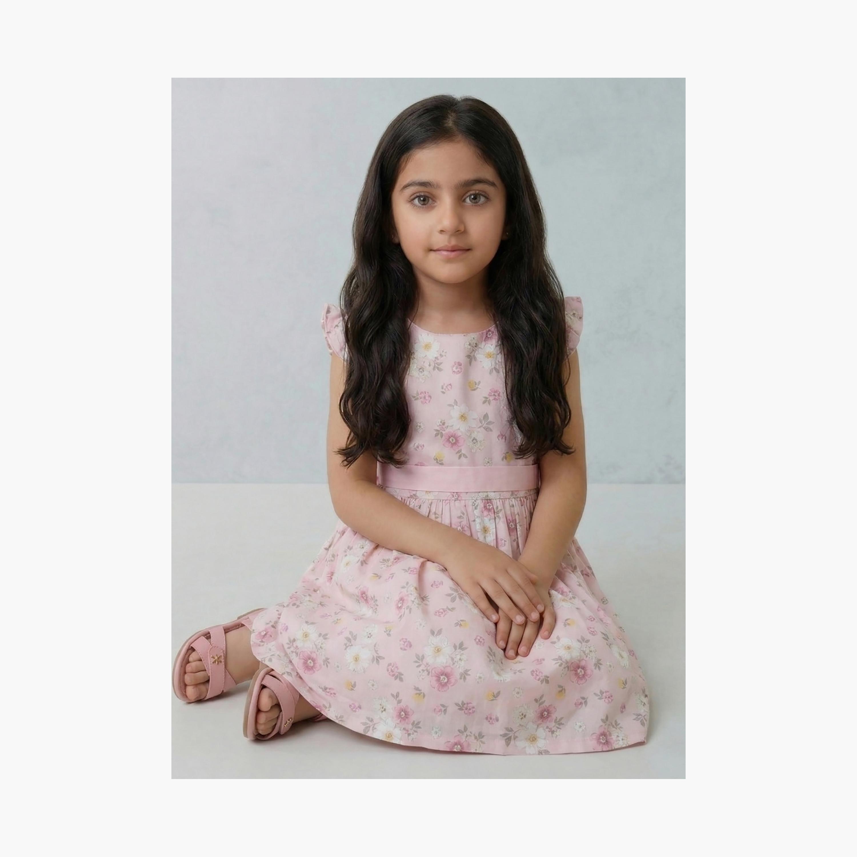 فستان قطني بأكمام كشكشة وطبعة زهور مع حزام من بيبيكلو-girls-clothing-dressesandjumpsuits-image-4