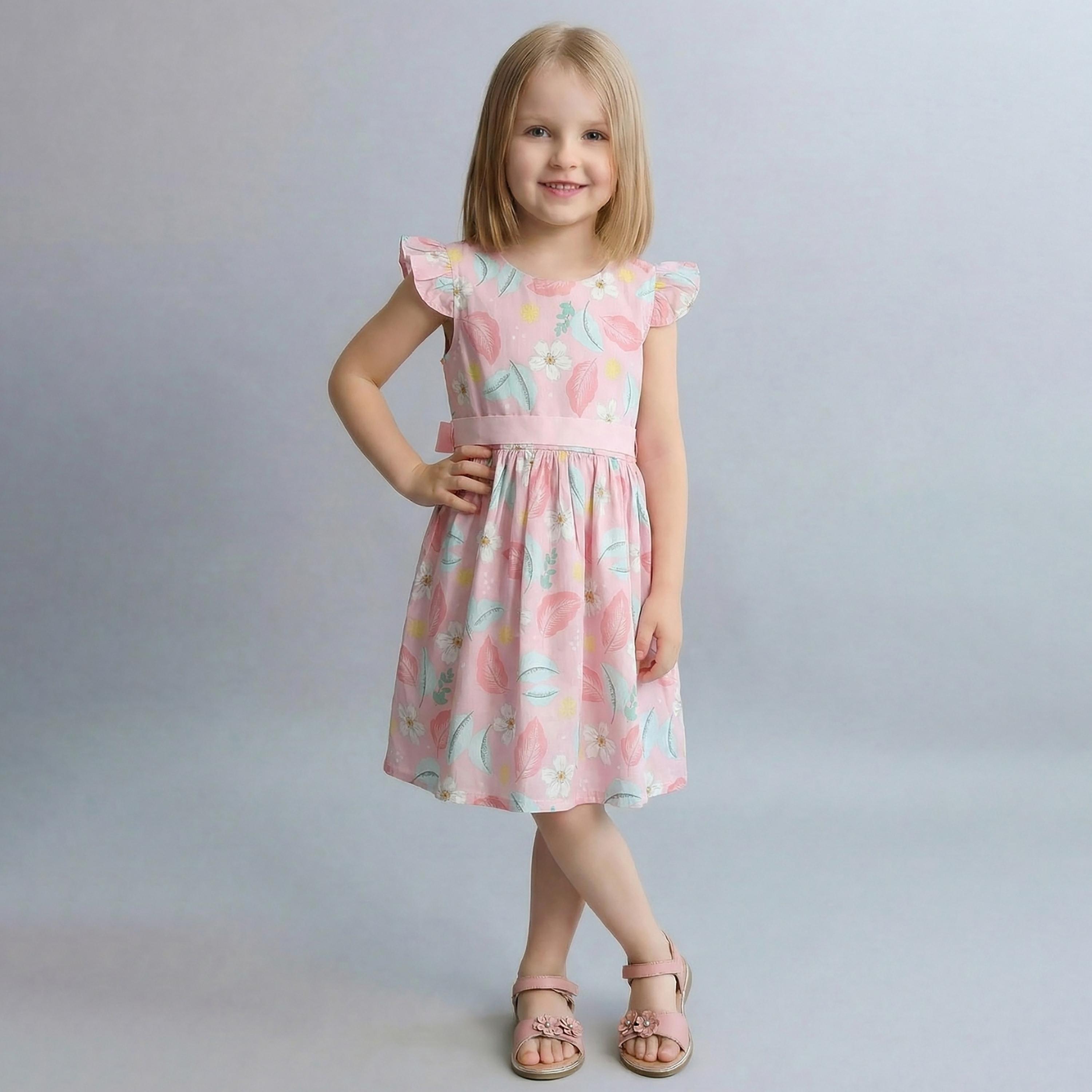 فستان قطني بأكمام كشكشة وطبعة زهور مع حزام من بيبيكلو-girls-clothing-dressesandjumpsuits-image-1