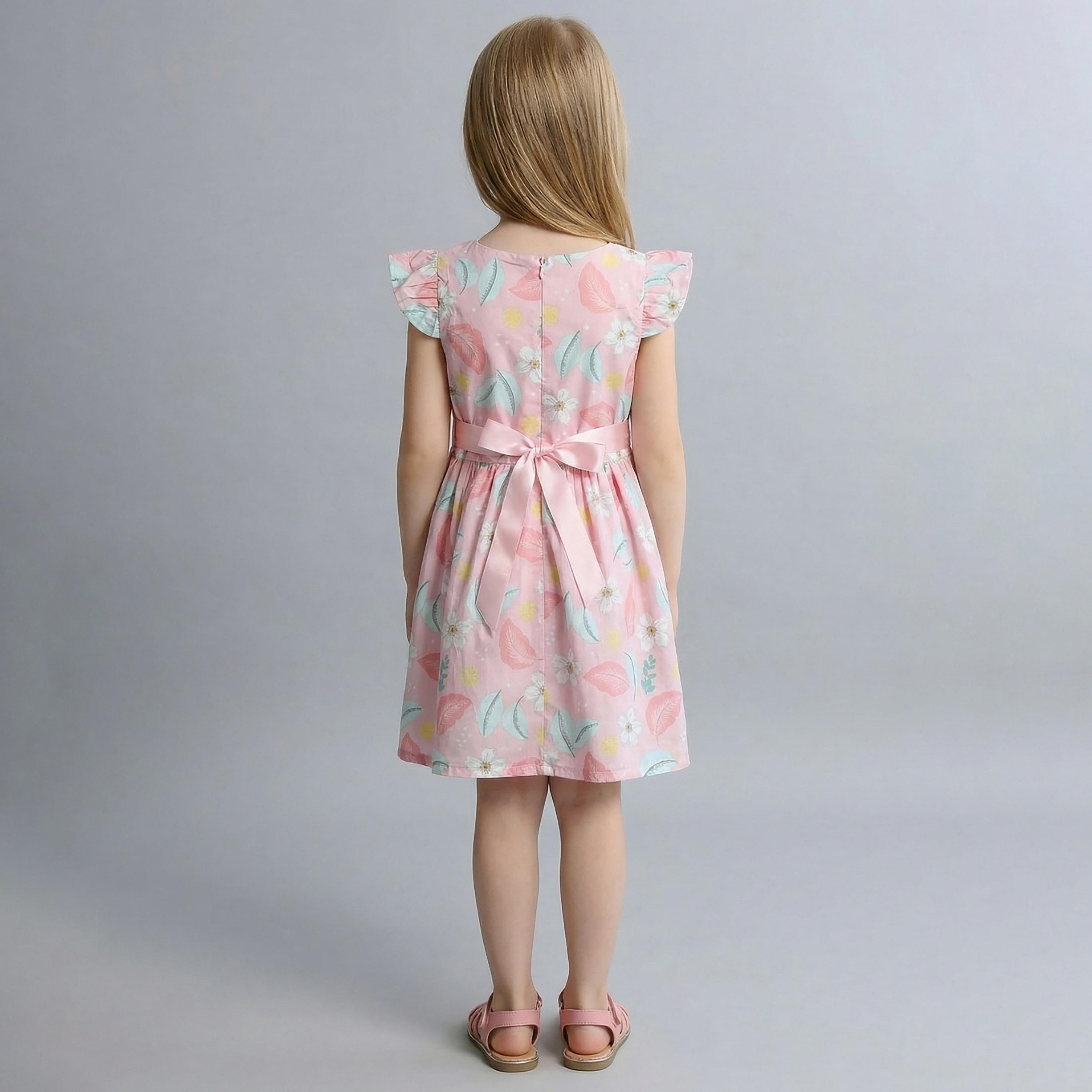 فستان قطني بأكمام كشكشة وطبعة زهور مع حزام من بيبيكلو-girls-clothing-dressesandjumpsuits-image-2