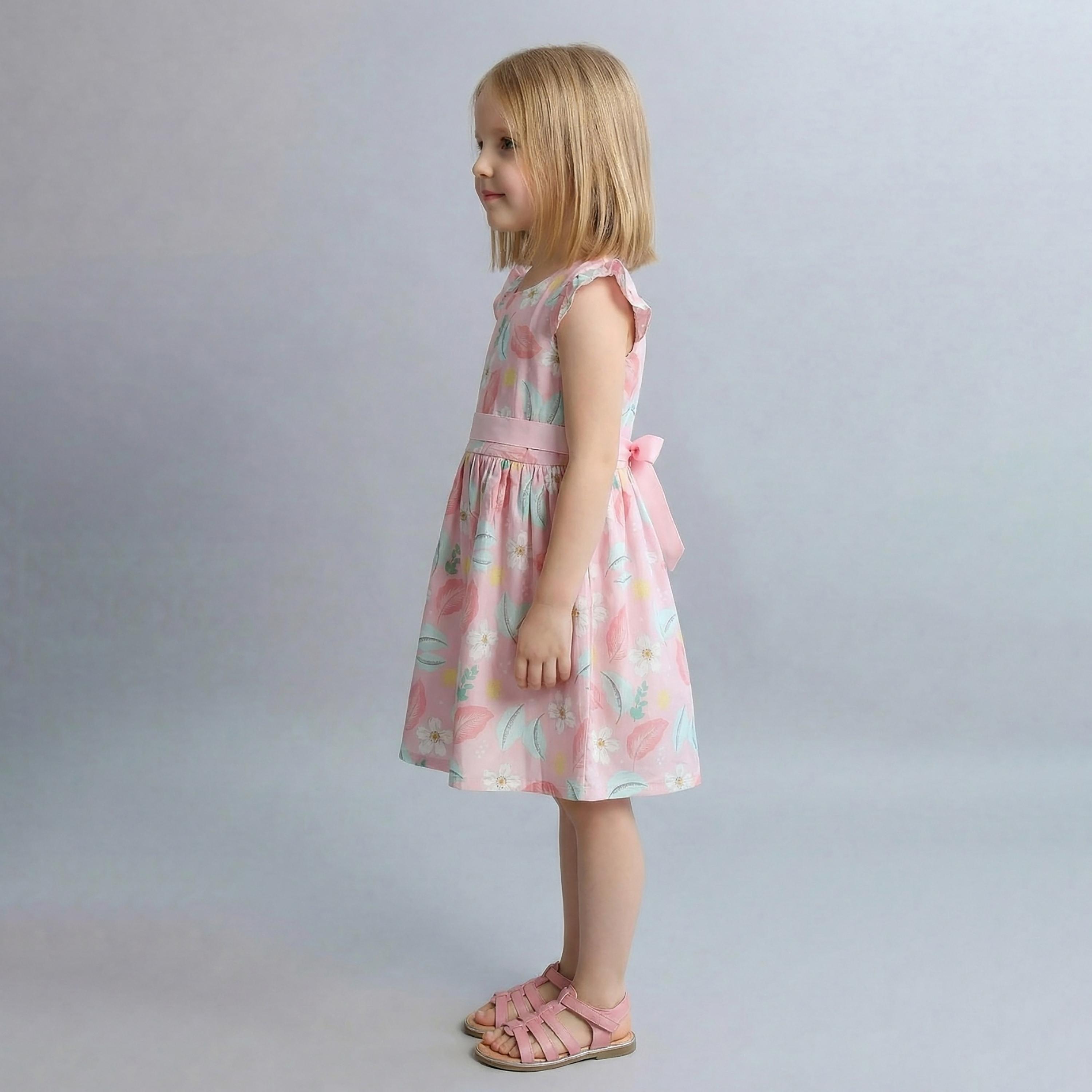 فستان قطني بأكمام كشكشة وطبعة زهور مع حزام من بيبيكلو-girls-clothing-dressesandjumpsuits-image-3