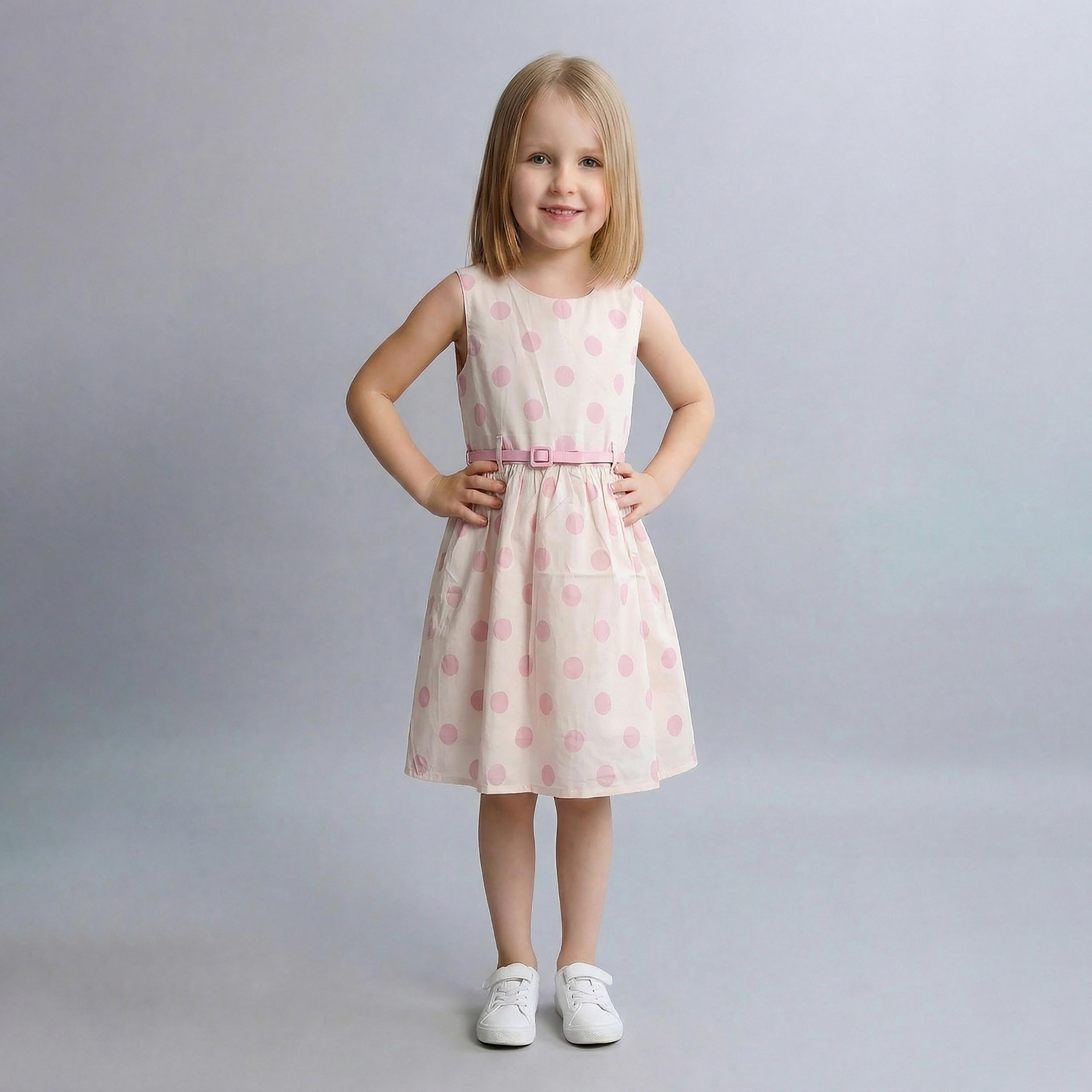 فستان قطني بدون أكمام بطبعة منقطة (بولكا دوت) مع حزام من بيبيكلو-girls-clothing-dressesandjumpsuits-image-1