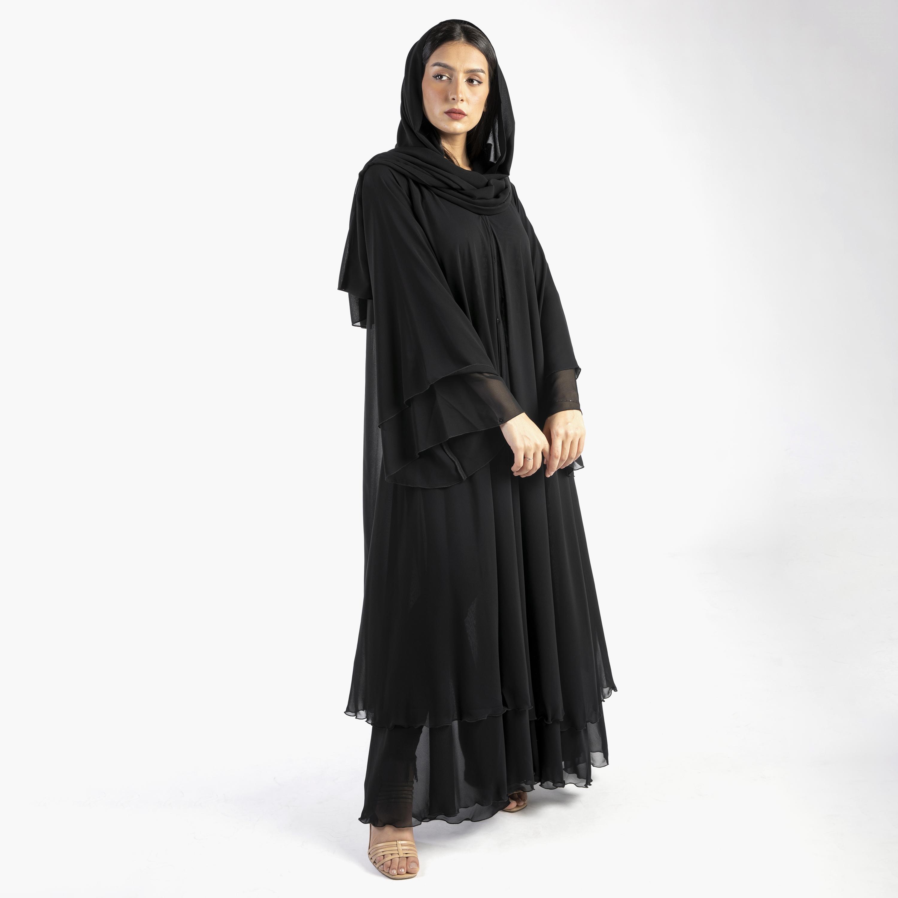 Ramshaa Plain Flounce Hem Abaya with Hijab-women-arabicclothing-abayas-image-1