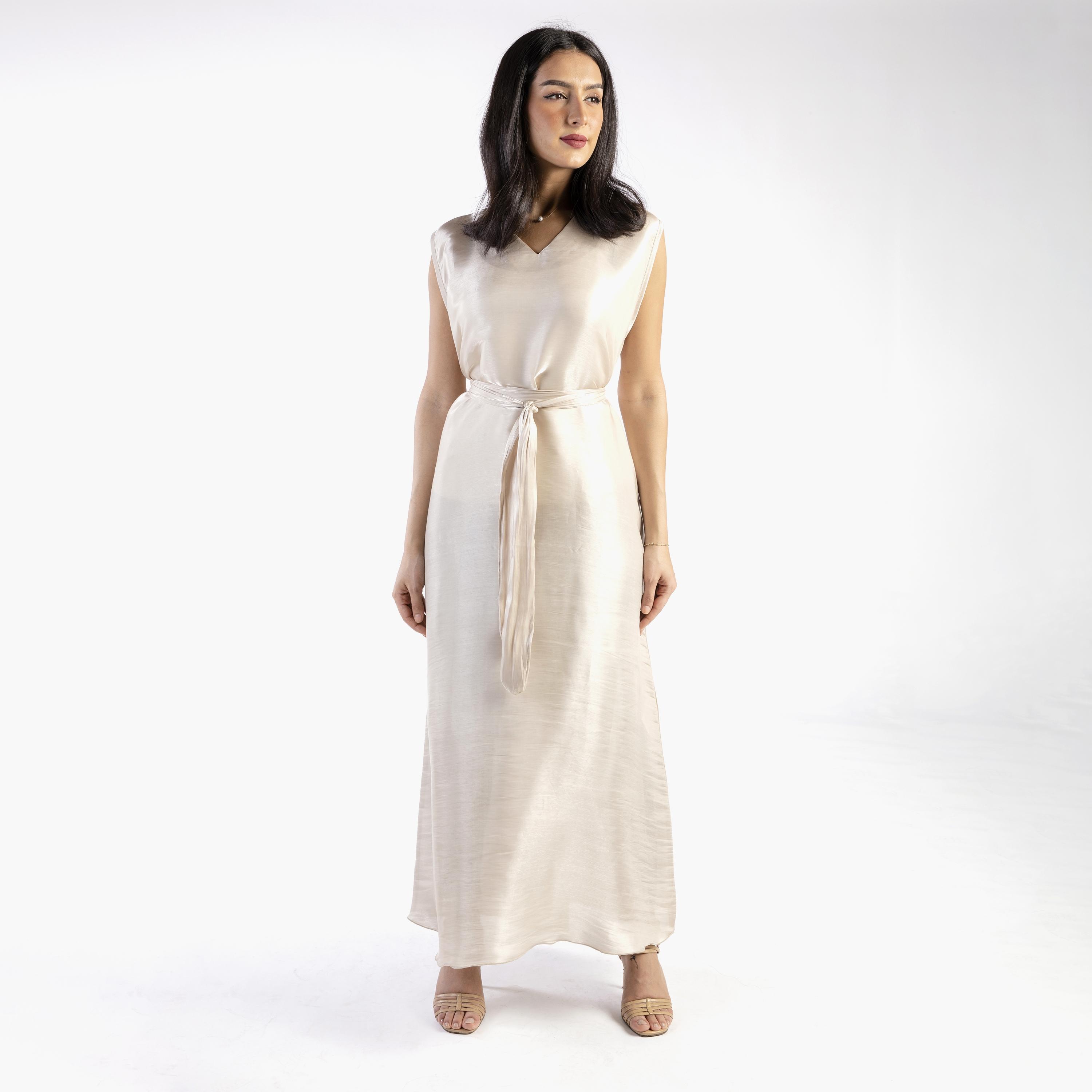 Ramshaa Plain V-Neck Tie Belt Maxi Dress-women-arabicclothing-abayainner-image-1