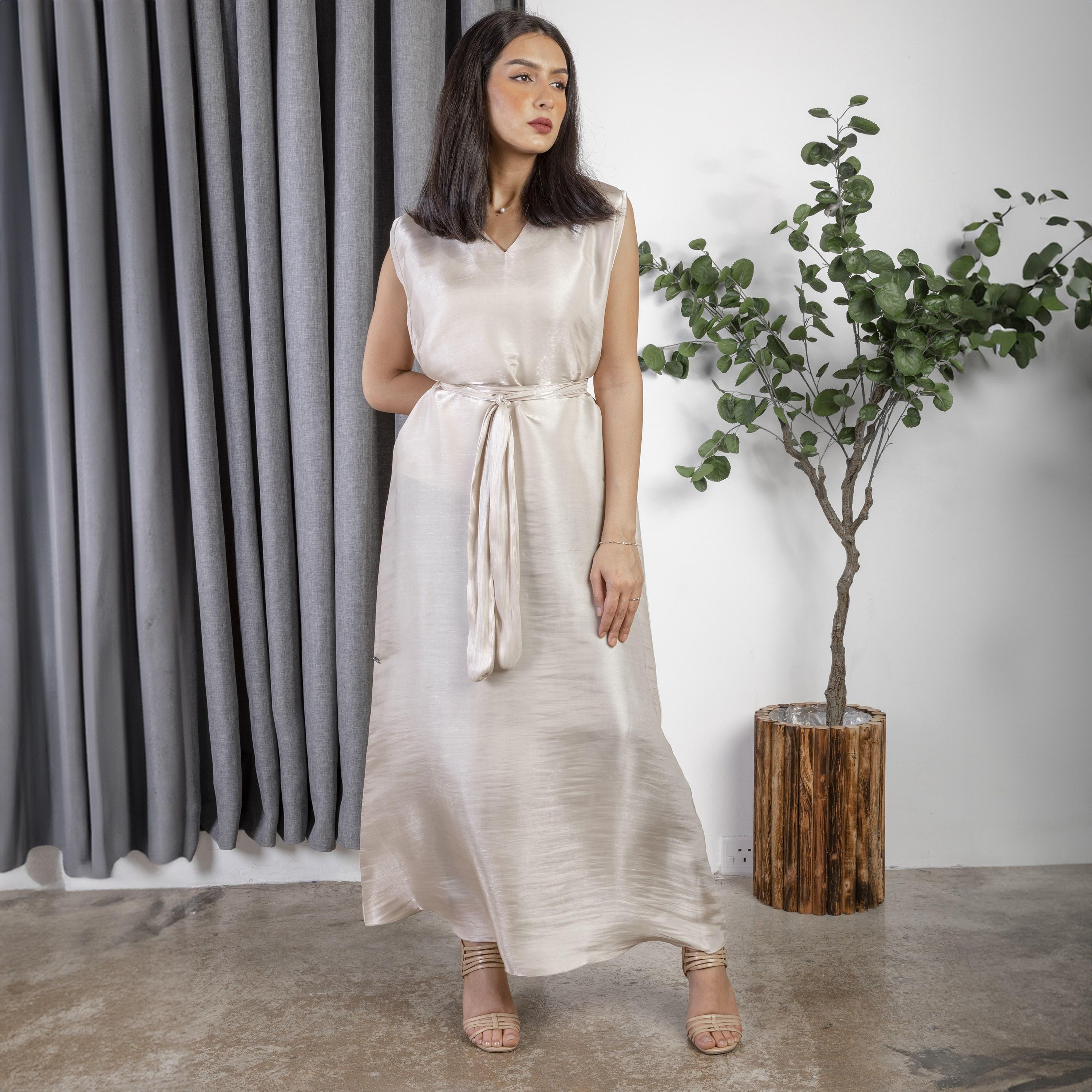 Ramshaa Plain V-Neck Tie Belt Maxi Dress-women-arabicclothing-abayainner-image-2