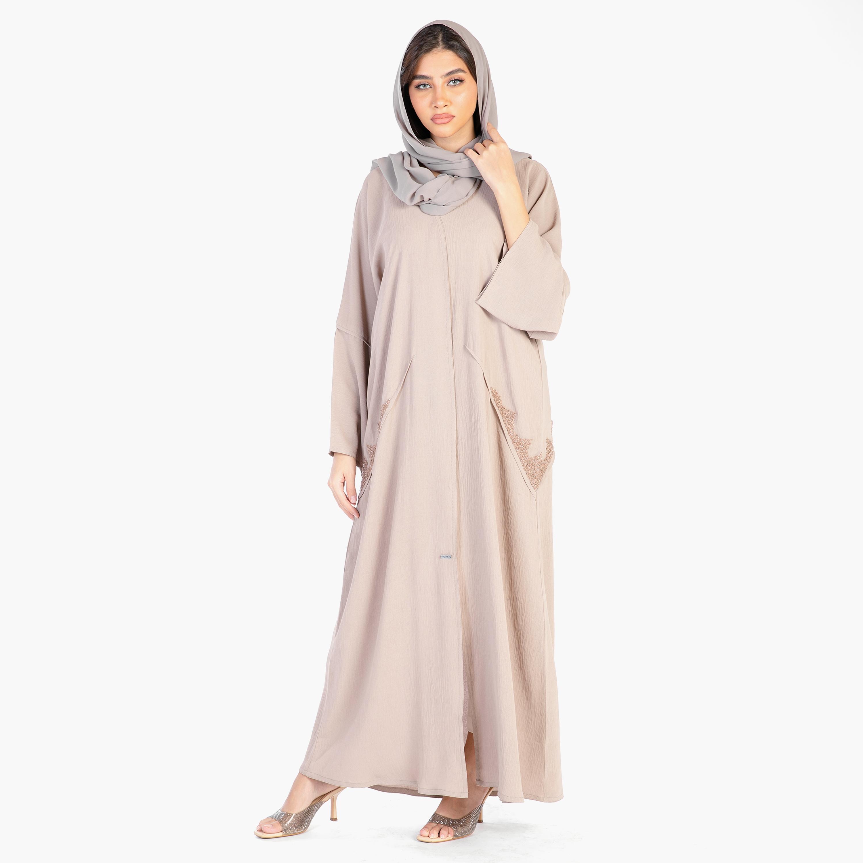 Ramshaa Crystal and Thread Work V-Neck Abaya with Hijab-women-arabicclothing-abayas-image-1