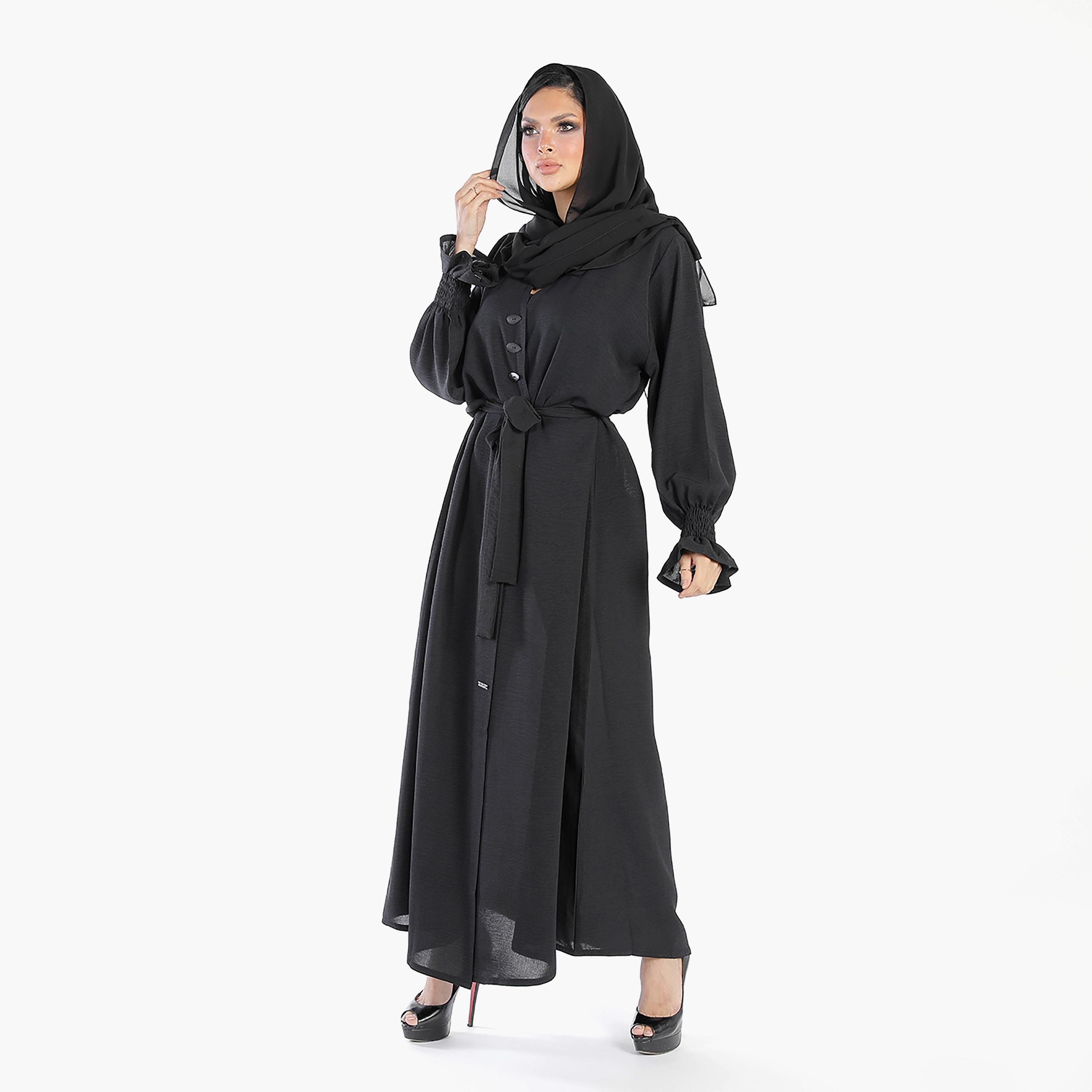 Ramshaa Plain V-Neck Tie Belt Abaya with Hijab-women-arabicclothing-abayas-image-1