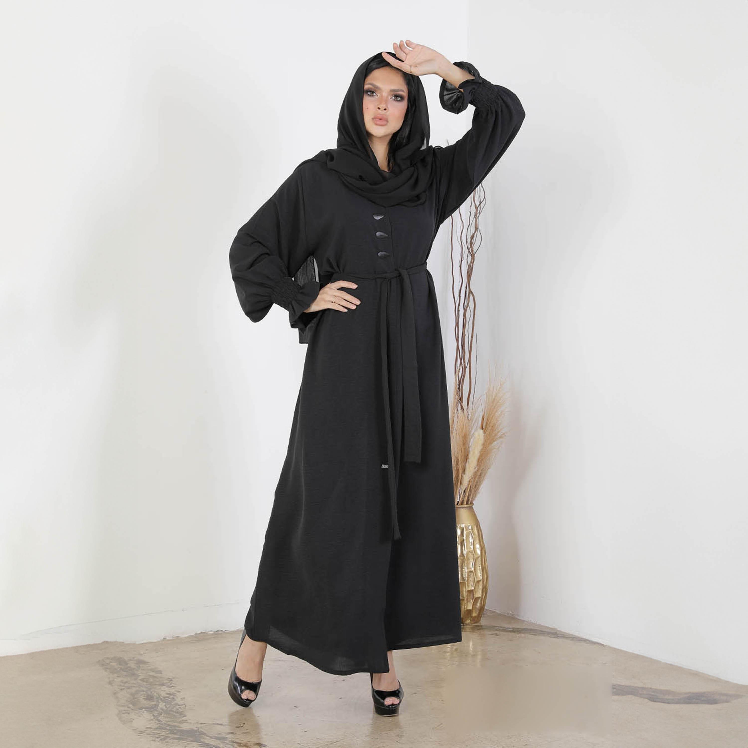 Ramshaa Plain V-Neck Tie Belt Abaya with Hijab-women-arabicclothing-abayas-image-2