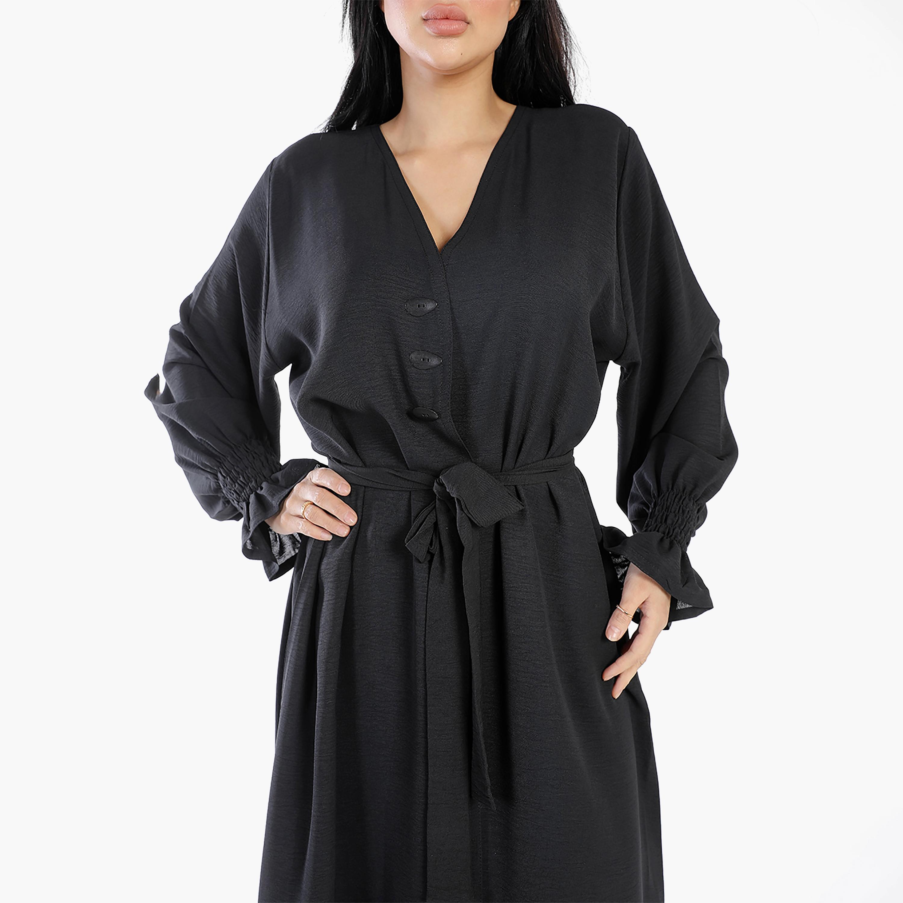 Ramshaa Plain V-Neck Tie Belt Abaya with Hijab-women-arabicclothing-abayas-image-3