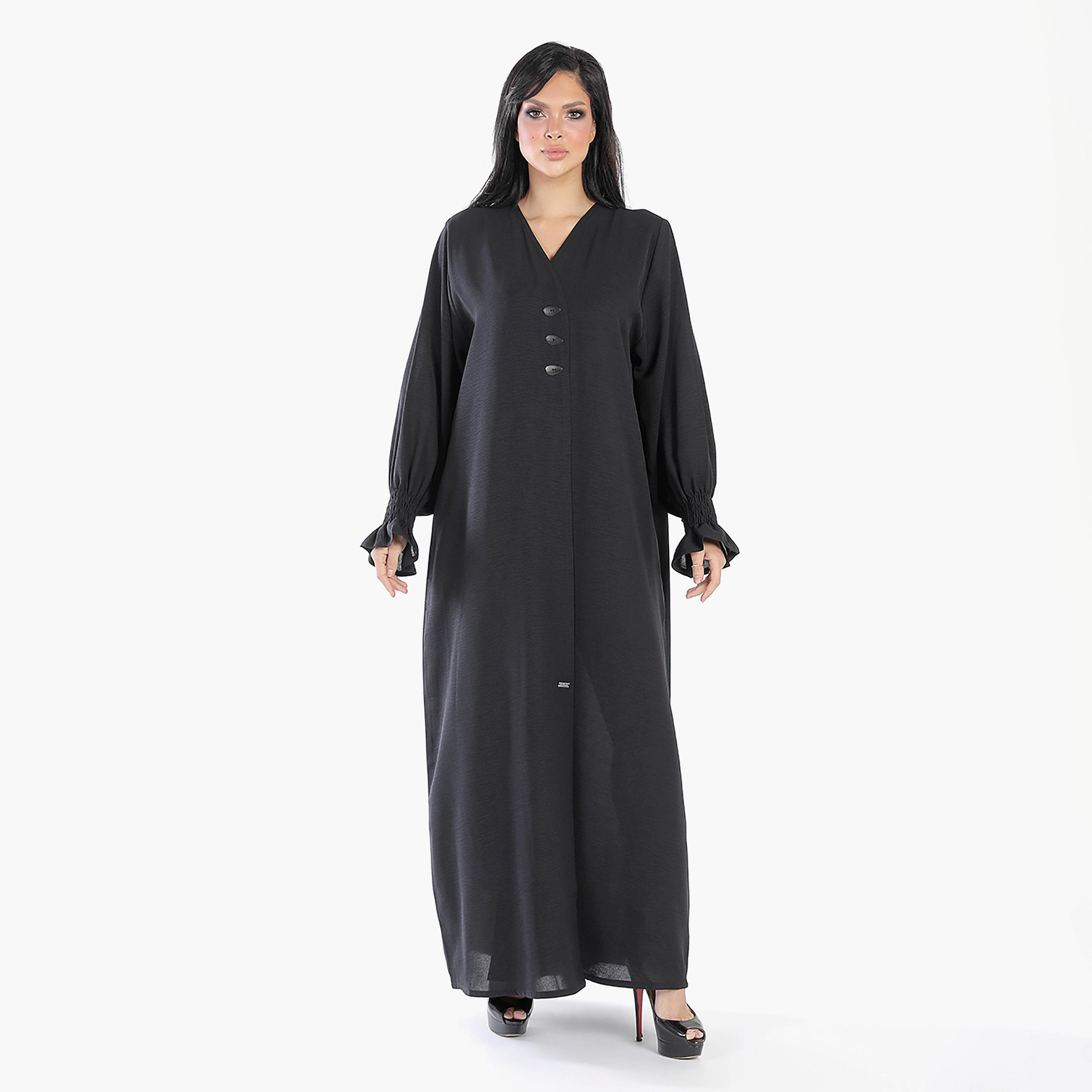 Ramshaa Plain V-Neck Tie Belt Abaya with Hijab-women-arabicclothing-abayas-image-4