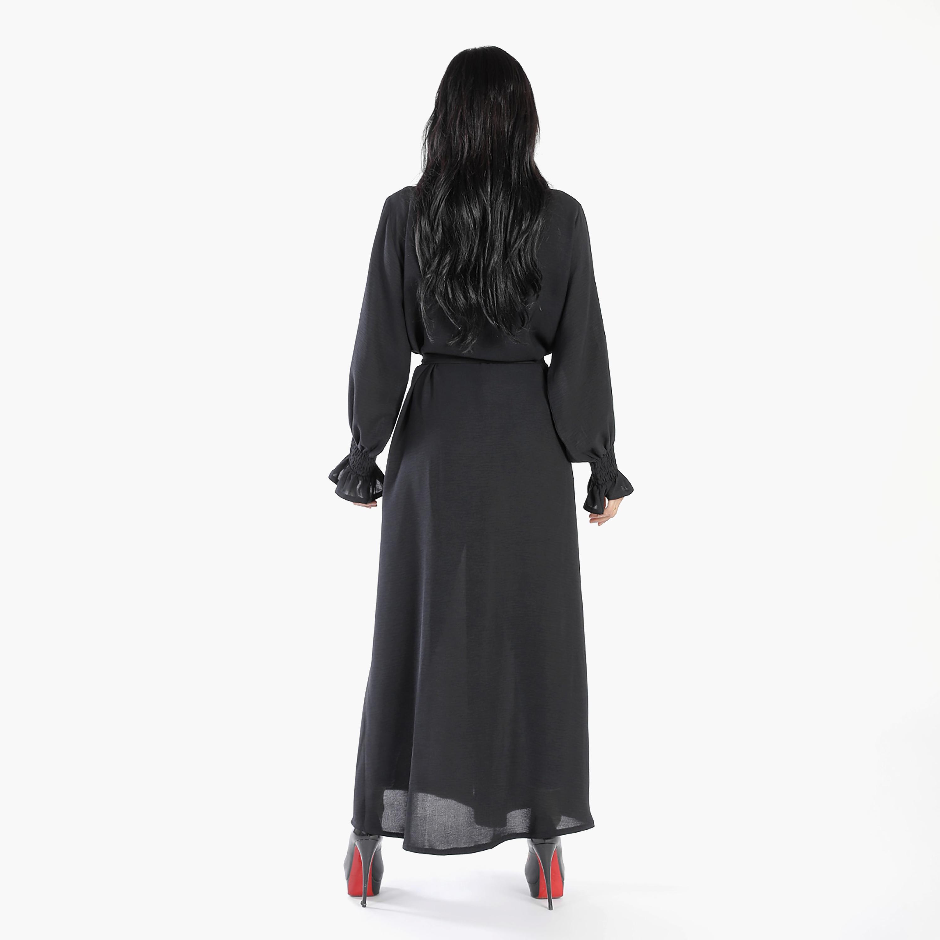 Ramshaa Plain V-Neck Tie Belt Abaya with Hijab-women-arabicclothing-abayas-image-5
