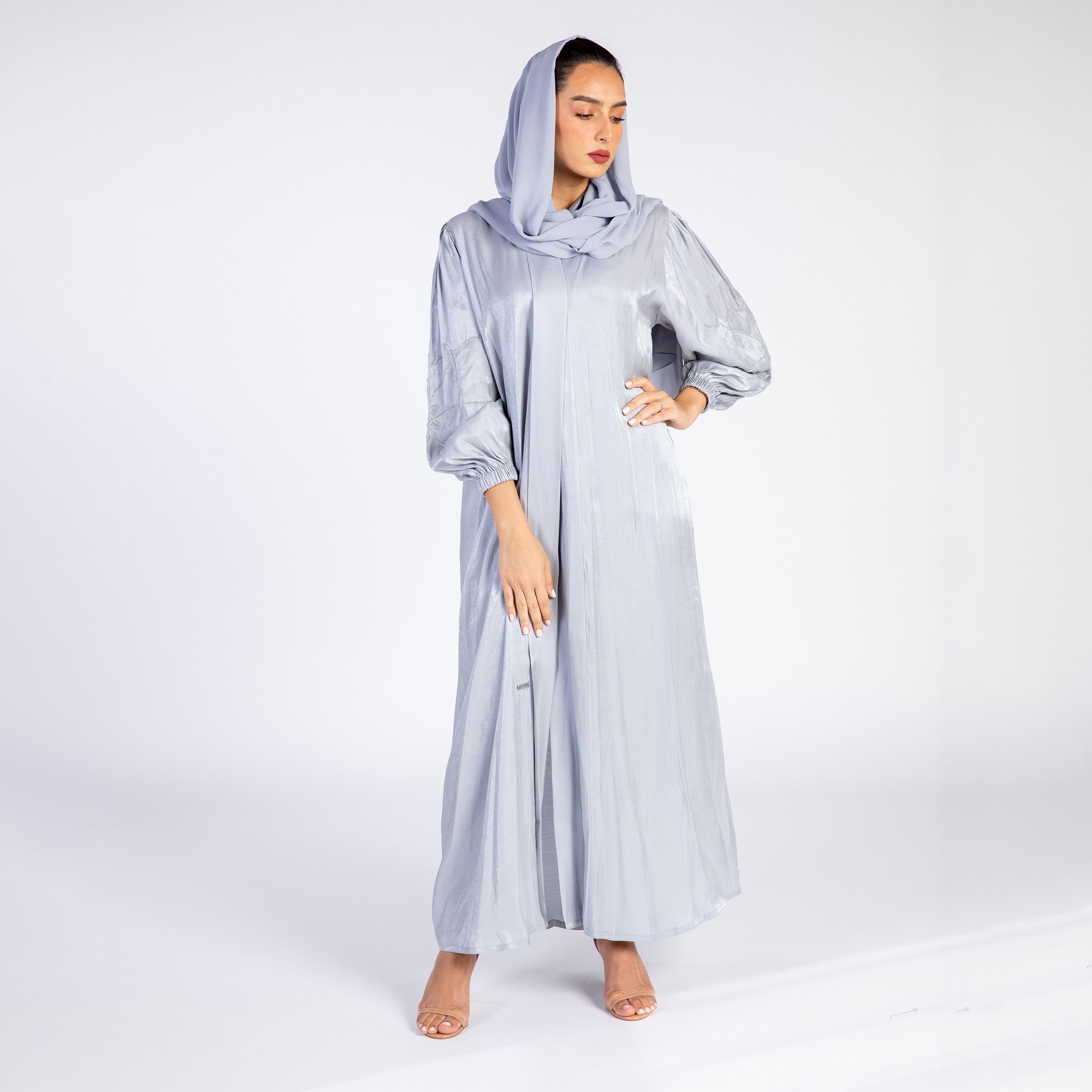 Ramshaa Crystal Detail on Sleeves Open Front Abaya with Hijab-women-arabicclothing-abayas-image-1