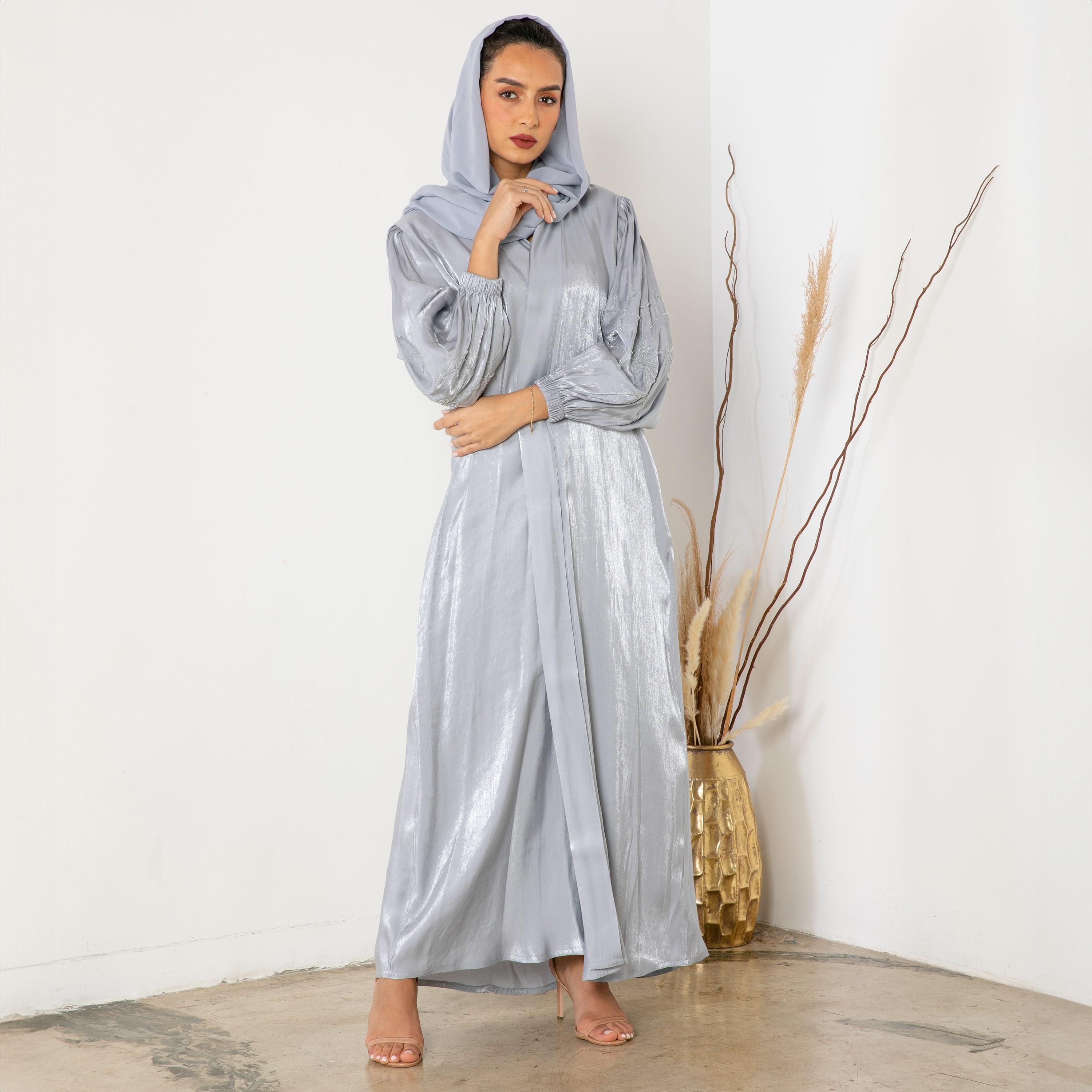 Ramshaa Crystal Detail on Sleeves Open Front Abaya with Hijab-women-arabicclothing-abayas-image-2