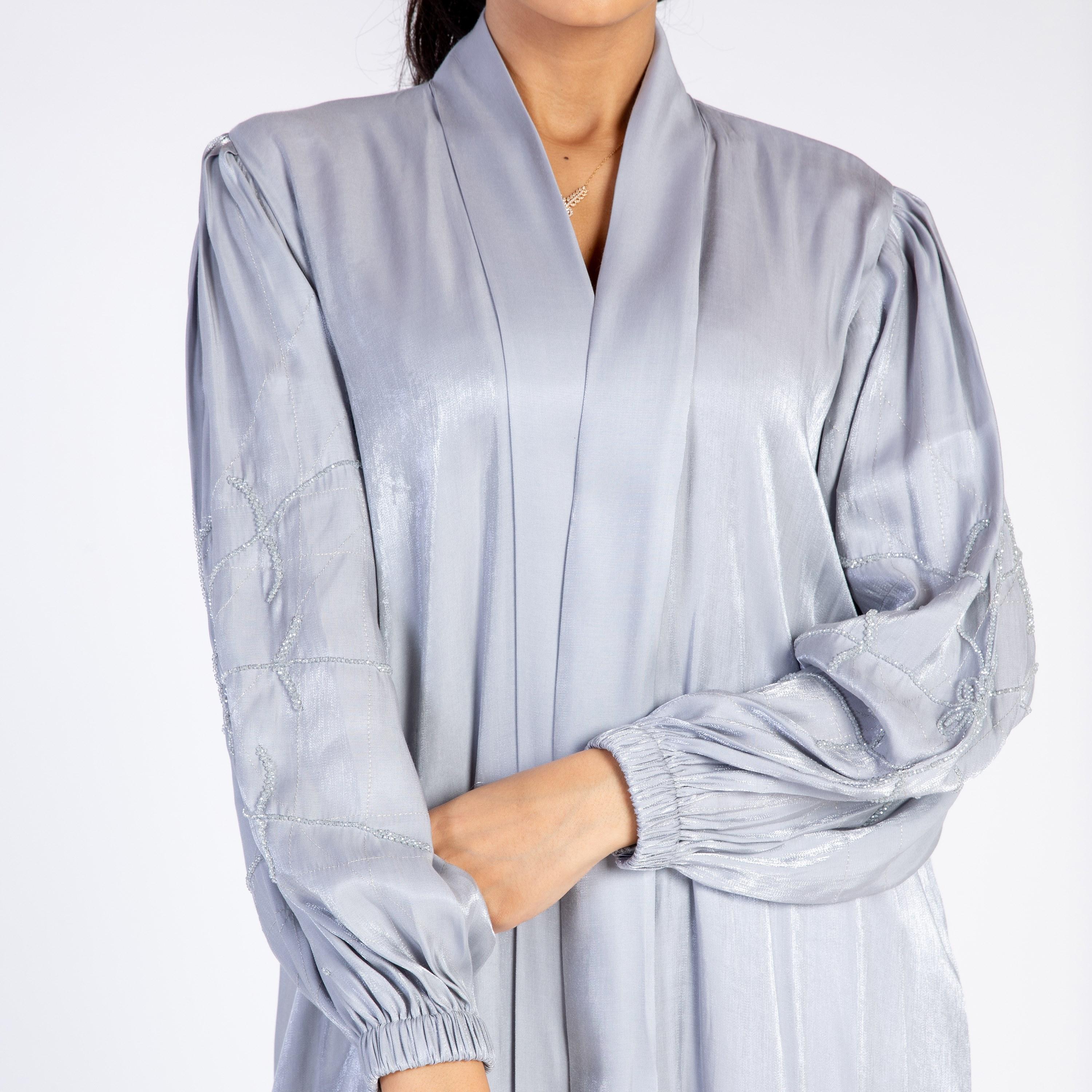 Ramshaa Crystal Detail on Sleeves Open Front Abaya with Hijab-women-arabicclothing-abayas-image-3