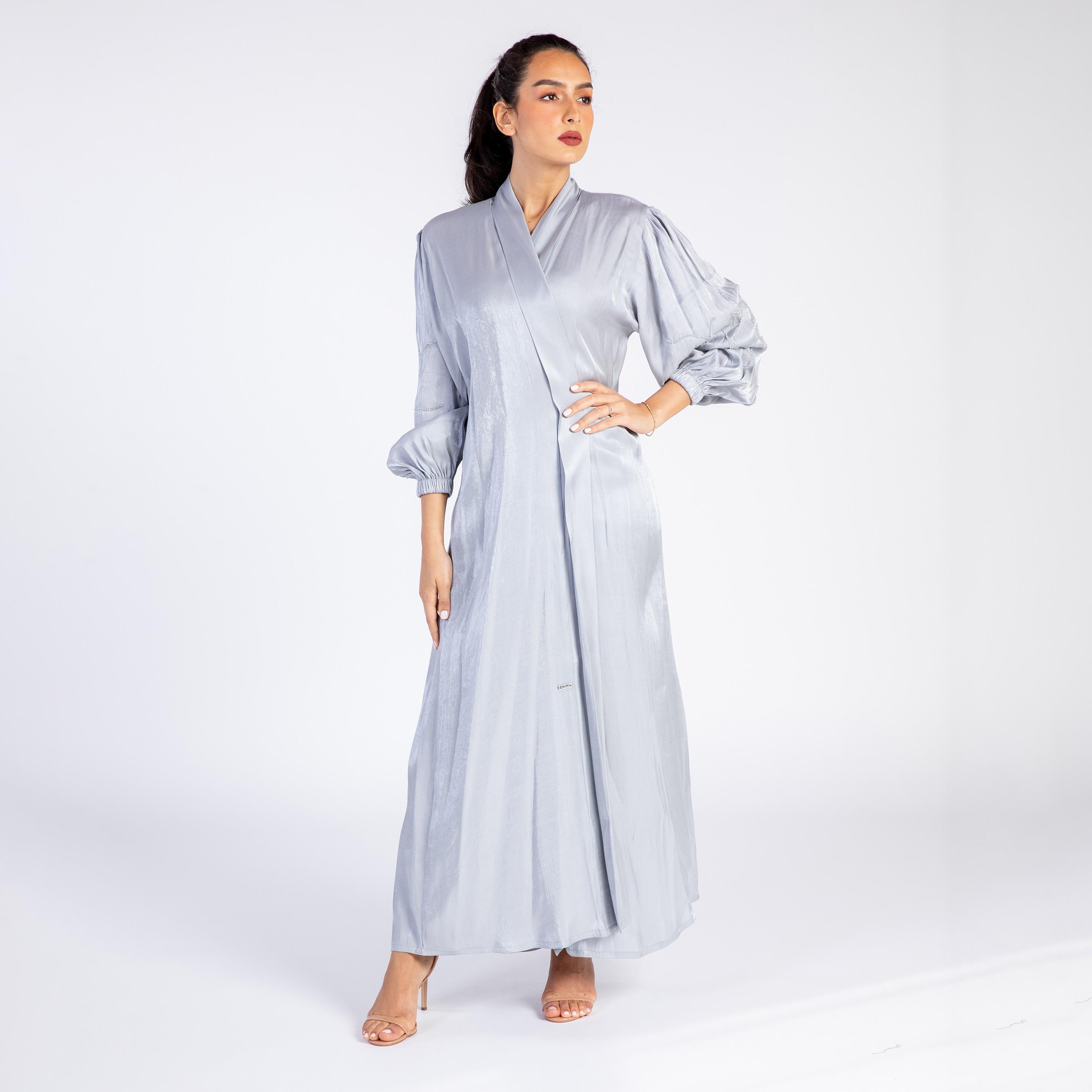 Ramshaa Crystal Detail on Sleeves Open Front Abaya with Hijab-women-arabicclothing-abayas-image-4