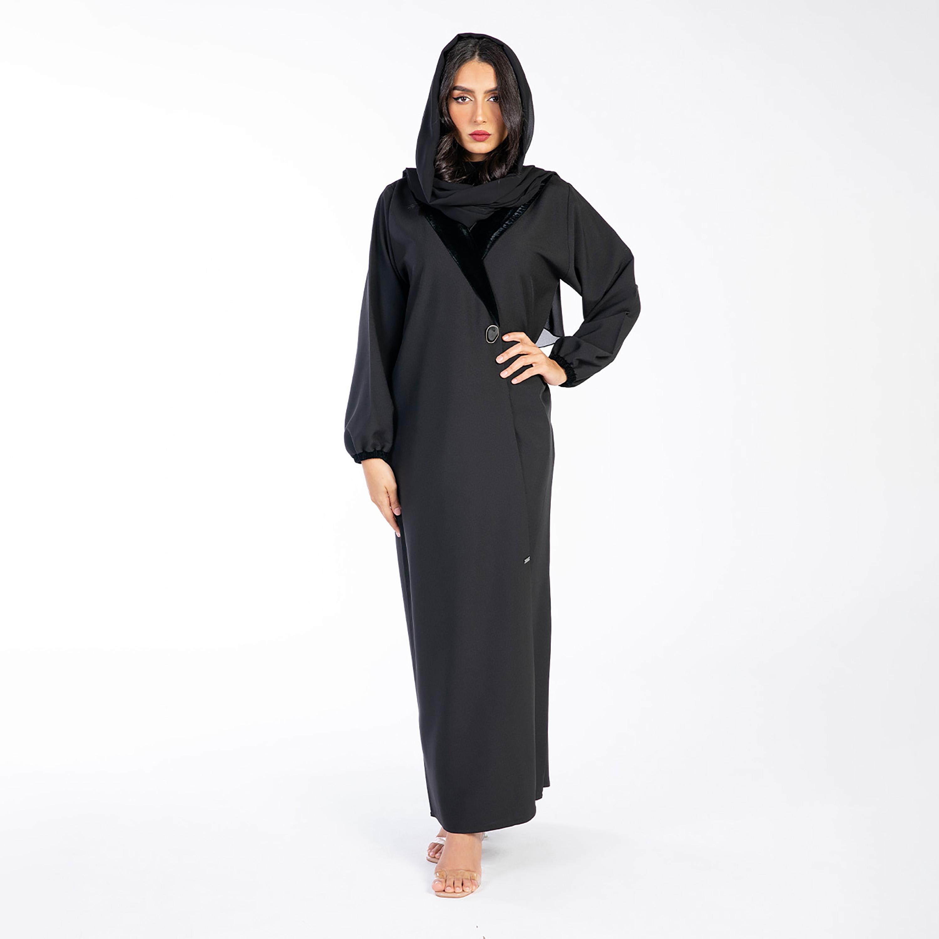 Ramshaa Plain Velvet Lapel Collar Abaya with Hijab-women-arabicclothing-abayas-image-1