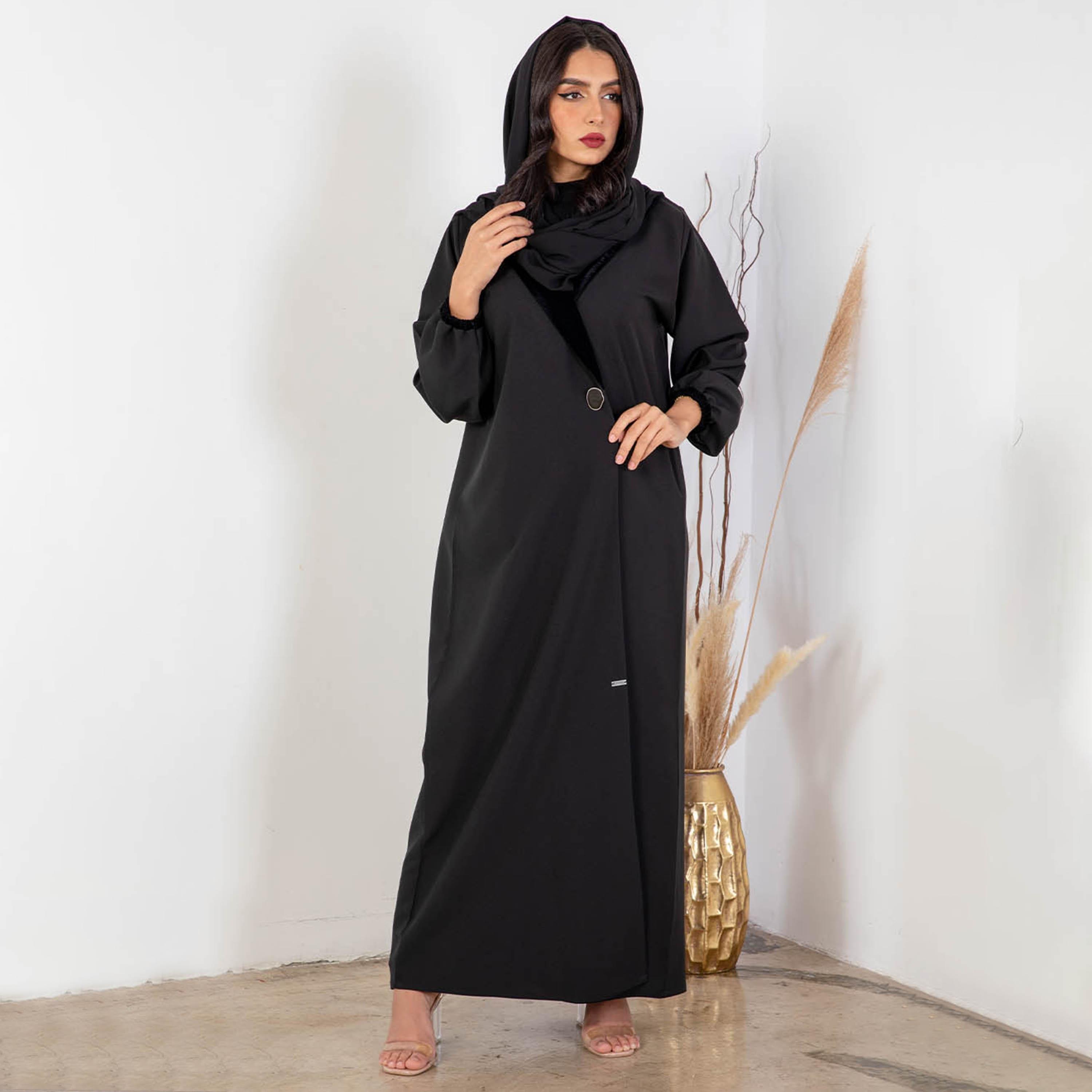 Ramshaa Plain Velvet Lapel Collar Abaya with Hijab-women-arabicclothing-abayas-image-2