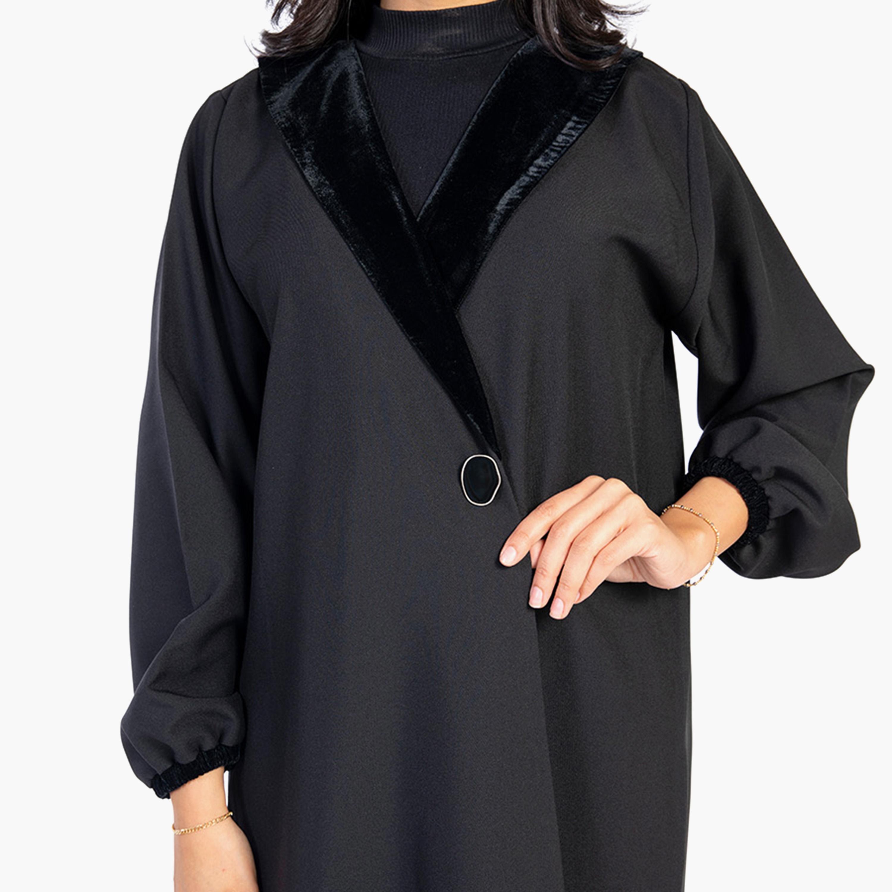 Ramshaa Plain Velvet Lapel Collar Abaya with Hijab-women-arabicclothing-abayas-image-3