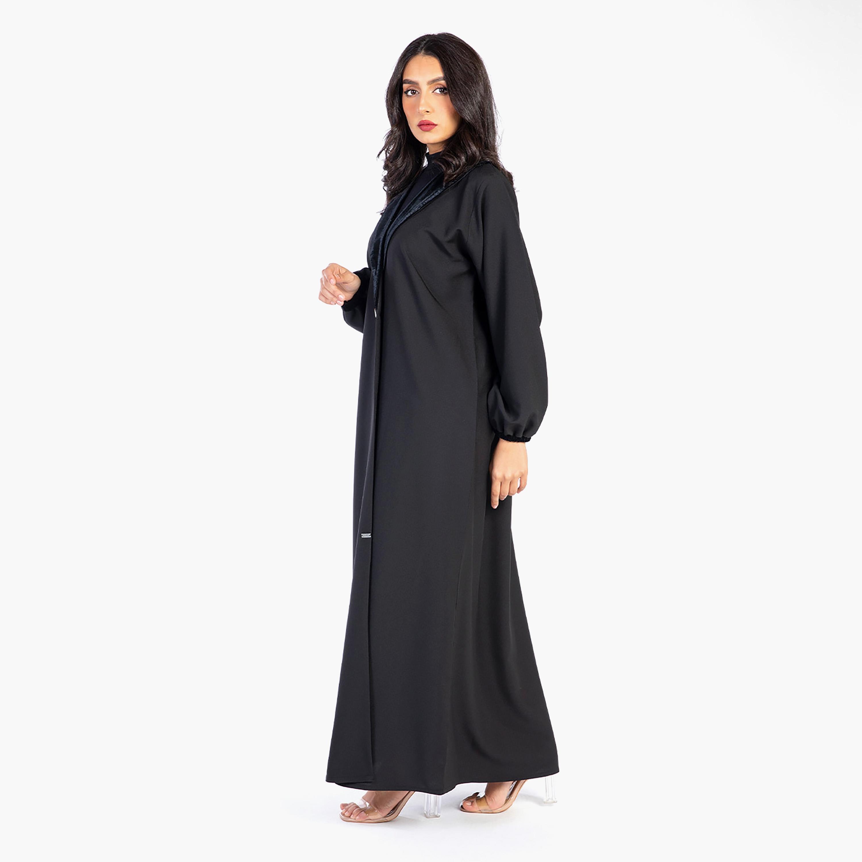 Ramshaa Plain Velvet Lapel Collar Abaya with Hijab-women-arabicclothing-abayas-image-4
