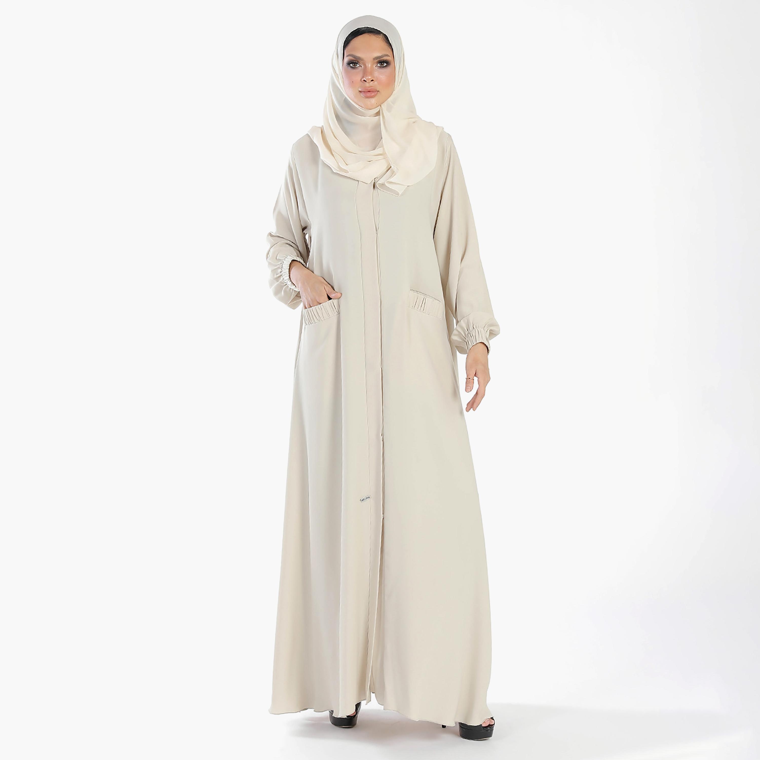 Ramshaa Plain Pocket Detail Abaya with Hijab-women-arabicclothing-abayas-image-1