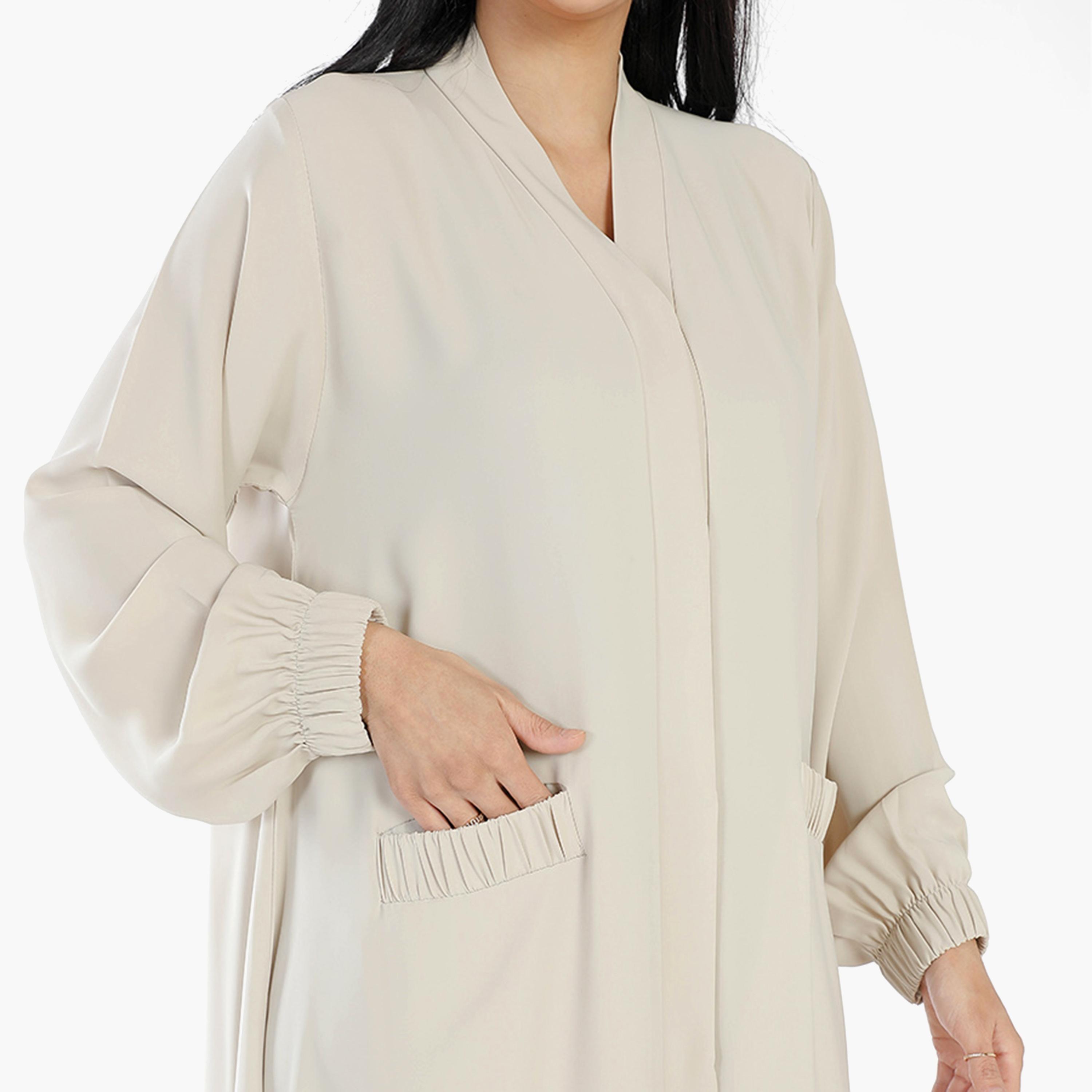 Ramshaa Plain Pocket Detail Abaya with Hijab-women-arabicclothing-abayas-image-3