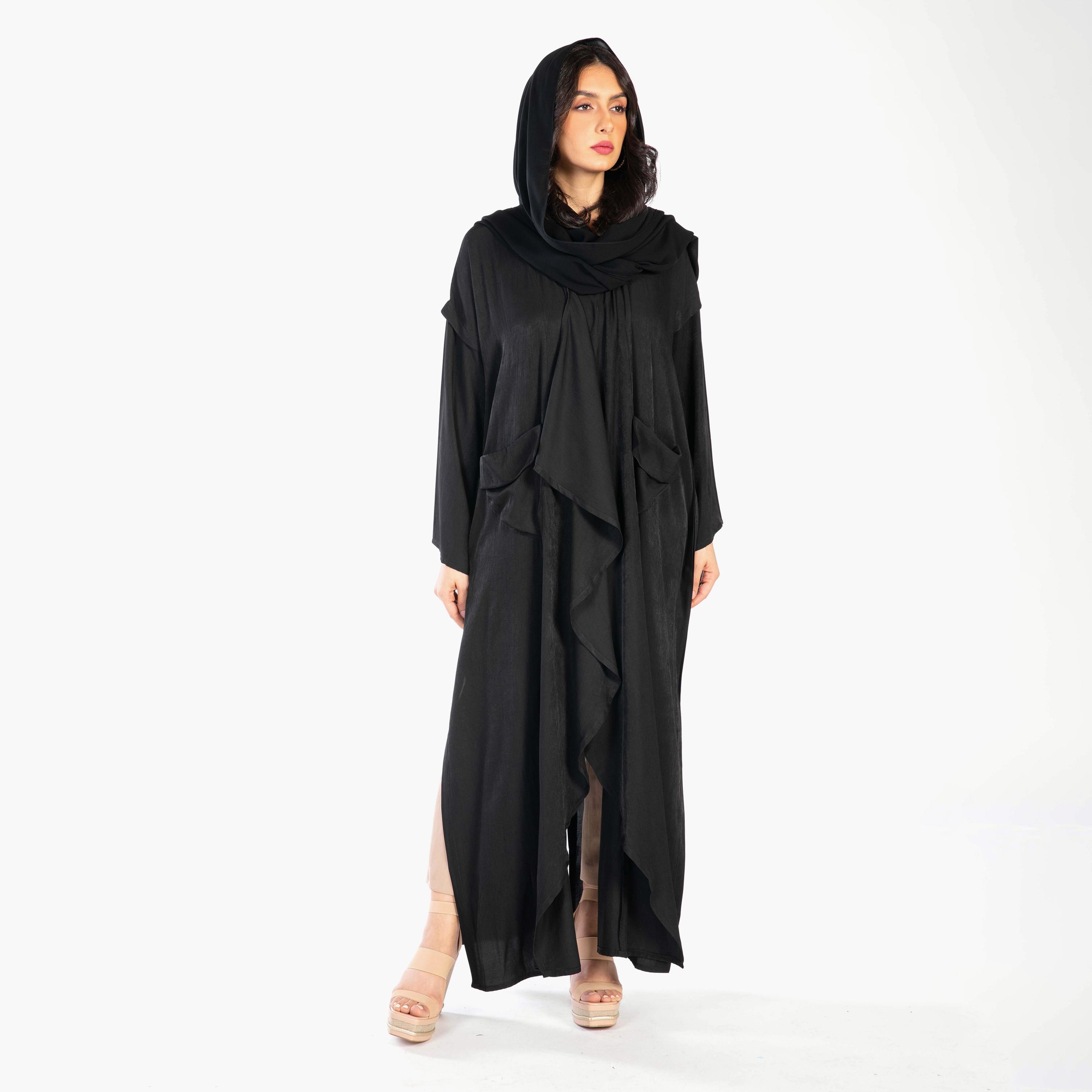 Ramshaa Ruffle Pocket Detail Front Open Abaya with Hijab-women-arabicclothing-abayas-image-1
