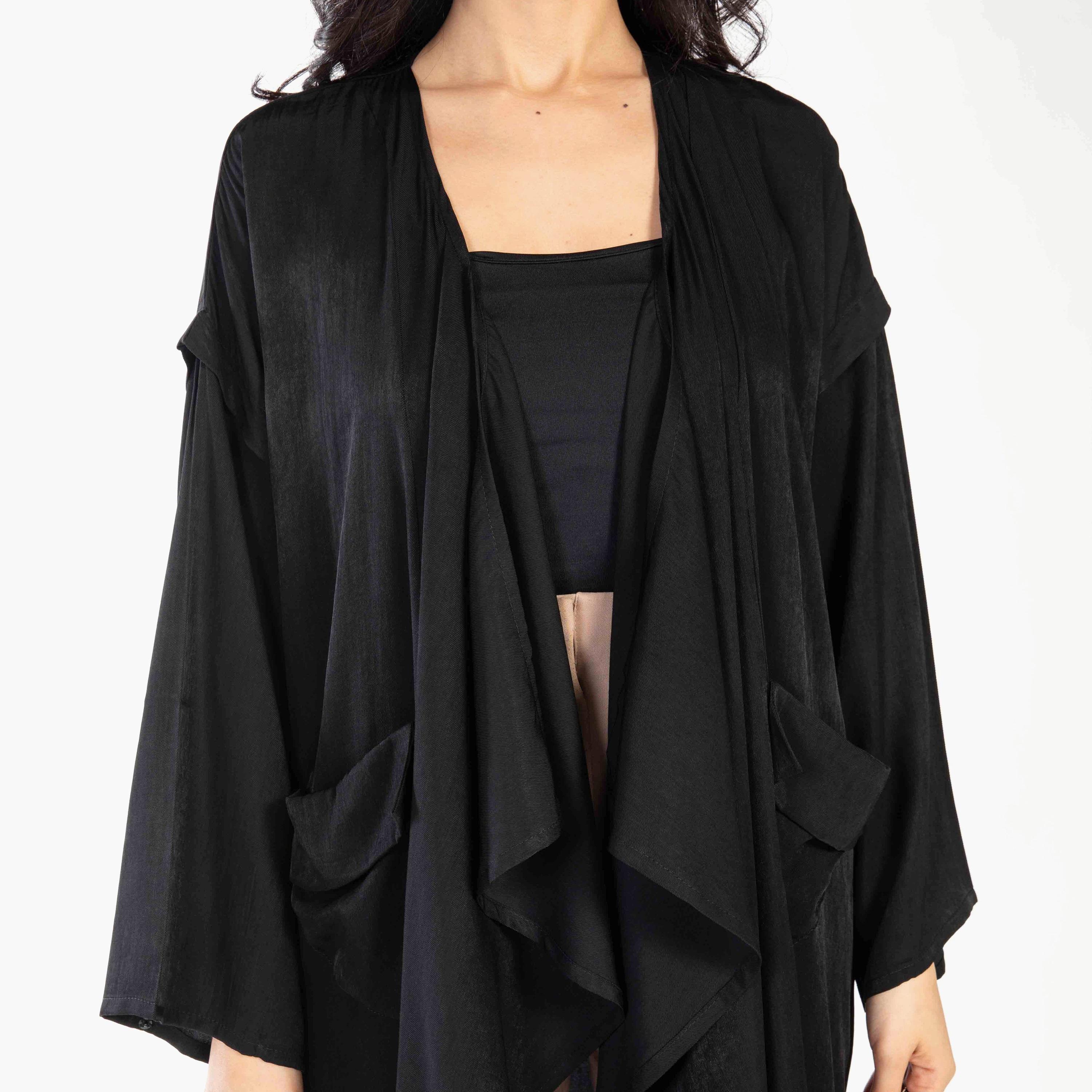 Ramshaa Ruffle Pocket Detail Front Open Abaya with Hijab-women-arabicclothing-abayas-image-2