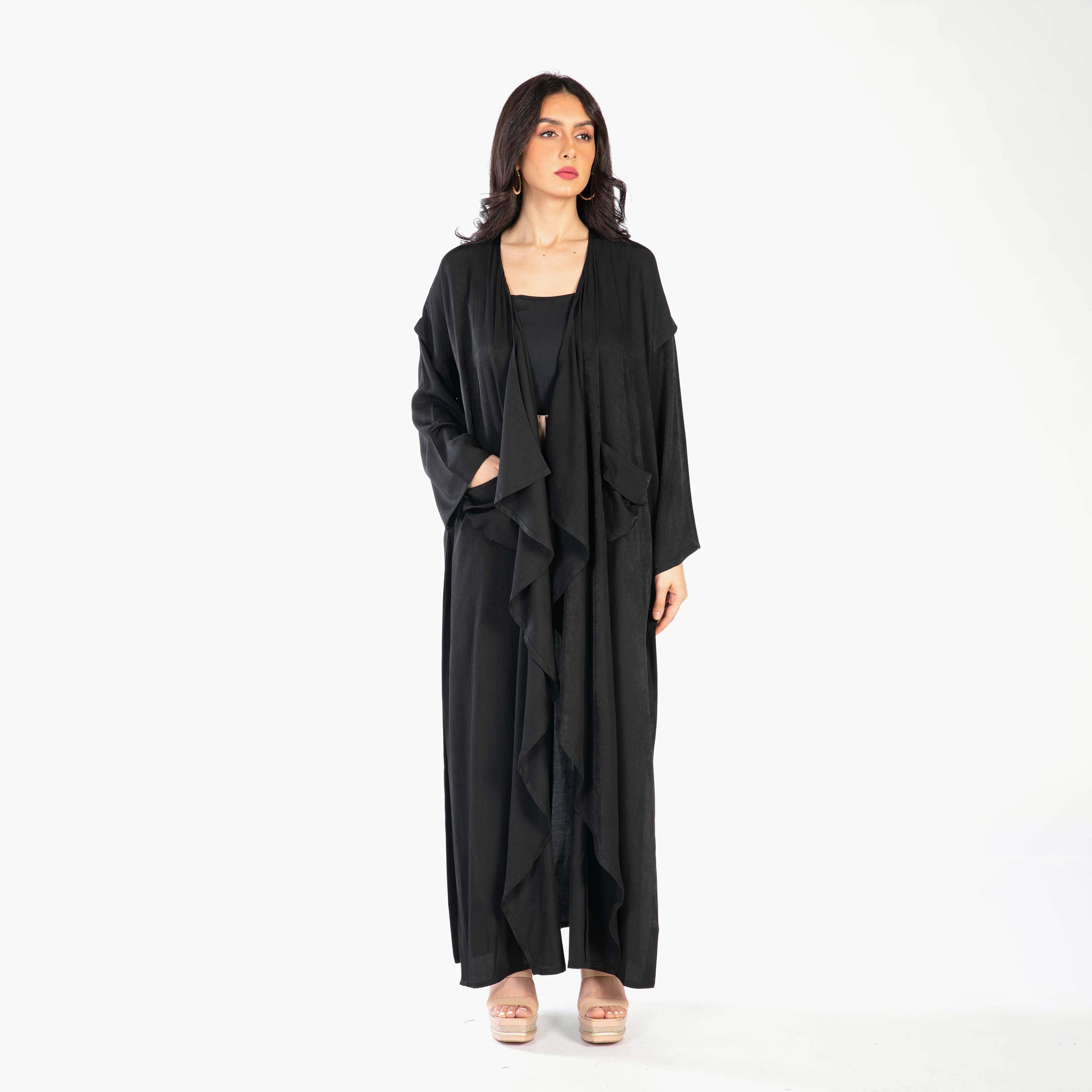 Ramshaa Ruffle Pocket Detail Front Open Abaya with Hijab-women-arabicclothing-abayas-image-3