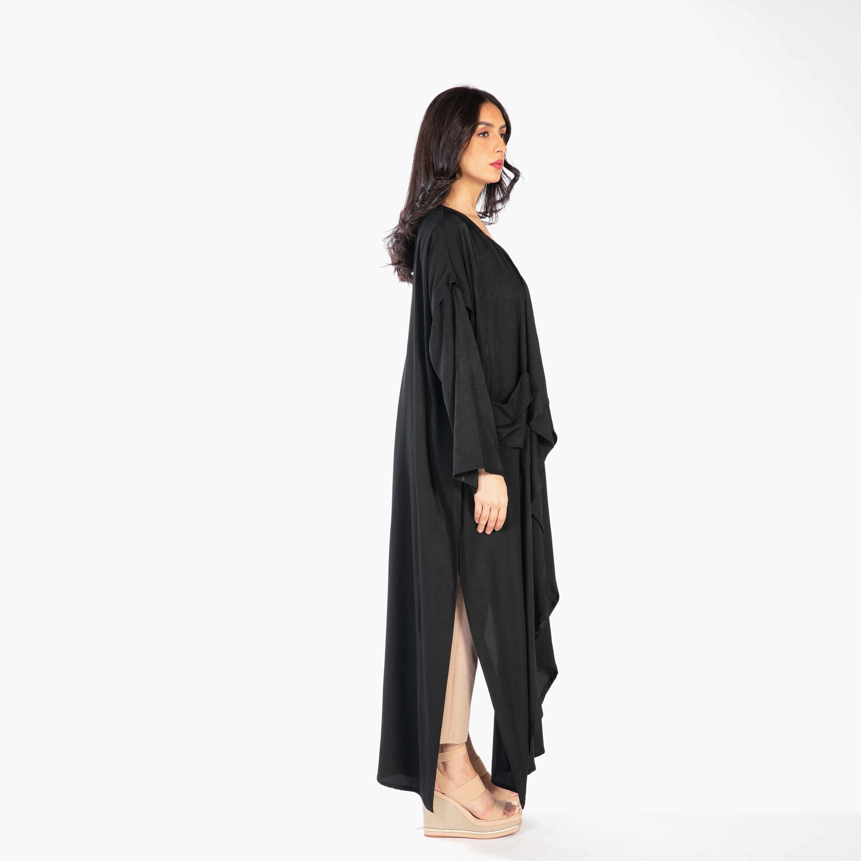 Ramshaa Ruffle Pocket Detail Front Open Abaya with Hijab-women-arabicclothing-abayas-image-5