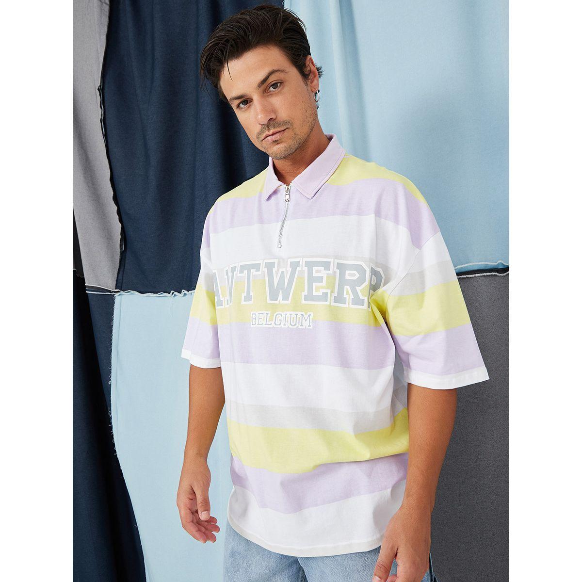 Styli Multi Stripe and Text Graphic Print Oversized Polo-men-clothing-tshirtsandpolos-polos-image-1