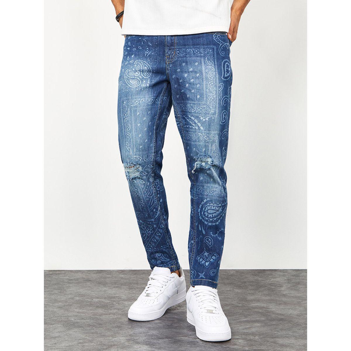 Styli Paisley Print Regular Fit Jeans with Light Distress-men-clothing-bottoms-jeans-image-1
