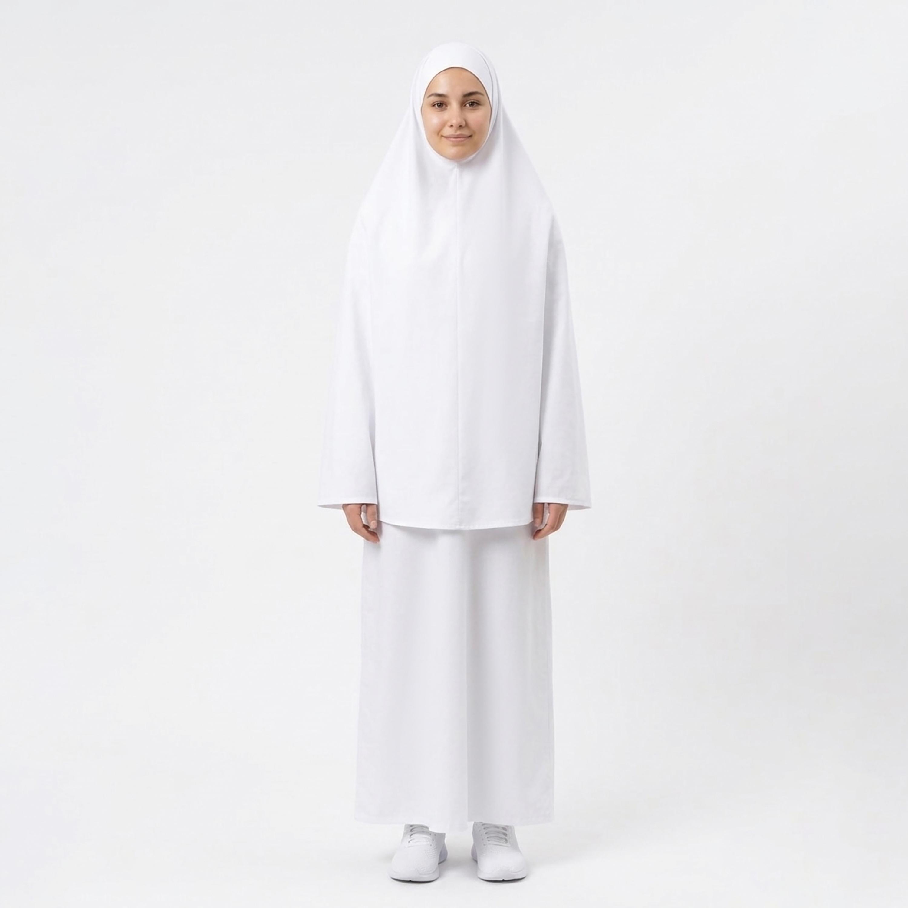 Hawraa White Elasticated Cuff Sleeves Linen Women's Hajj Abaya with Hijab-women-arabicclothing-prayerclothing-image-1
