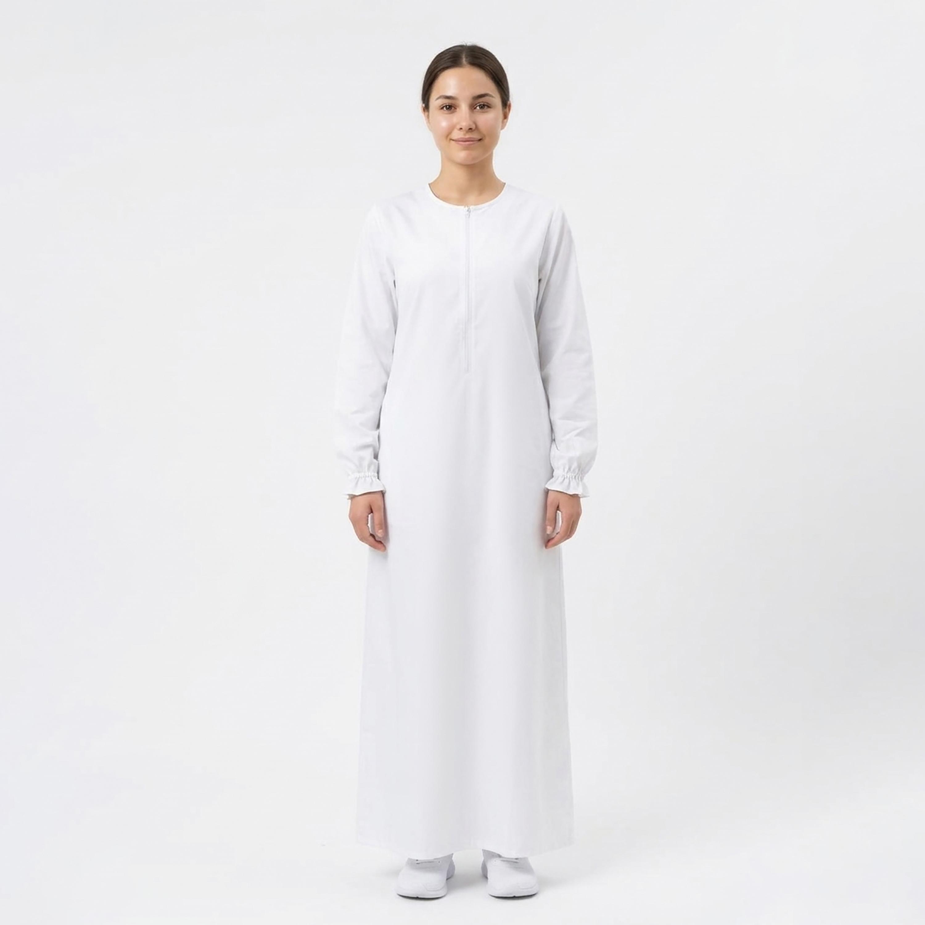 Hawraa White Elasticated Cuff Sleeves Linen Women's Hajj Abaya with Hijab-women-arabicclothing-prayerclothing-image-3