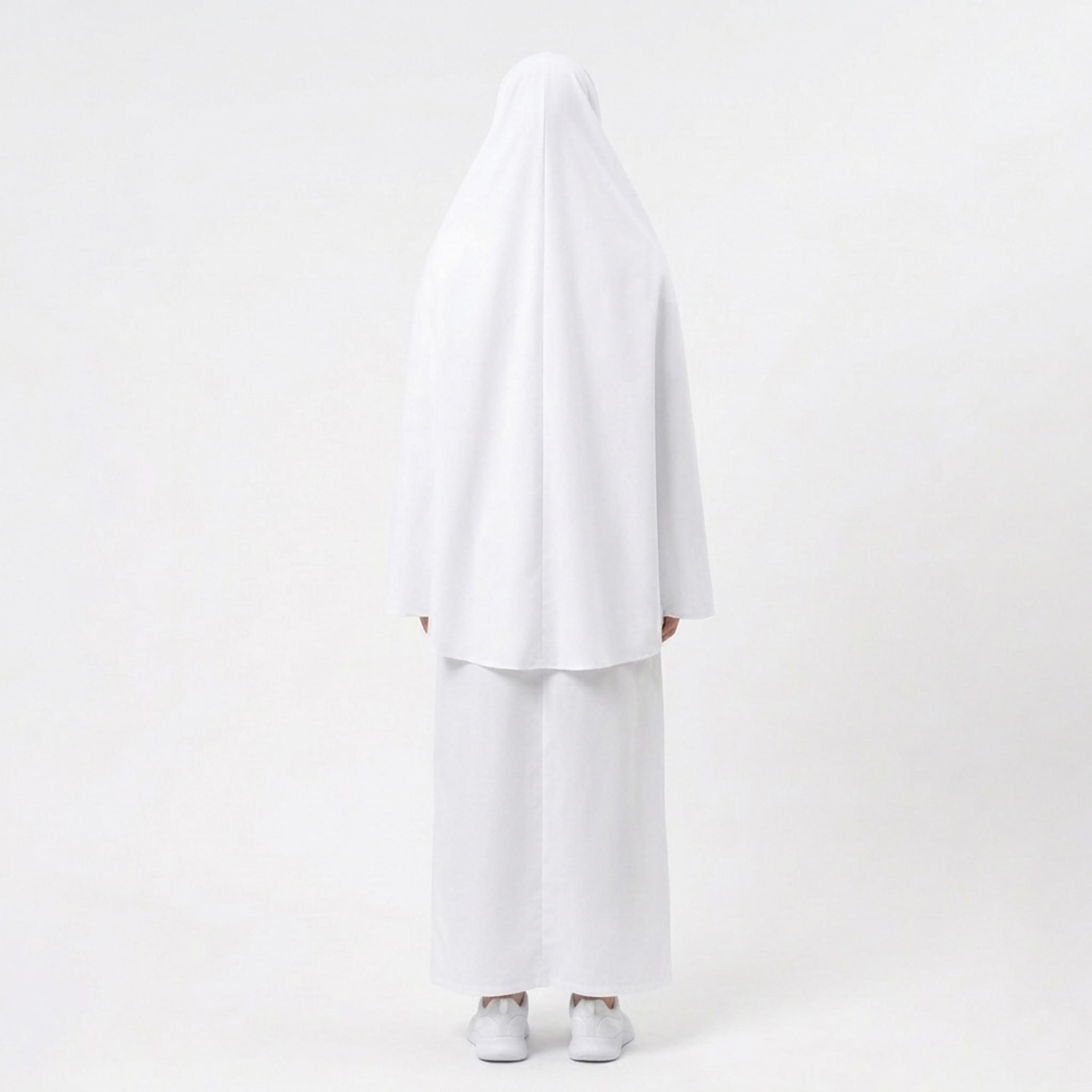 Hawraa White Elasticated Cuff Sleeves Linen Women's Hajj Abaya with Hijab-women-arabicclothing-prayerclothing-image-4