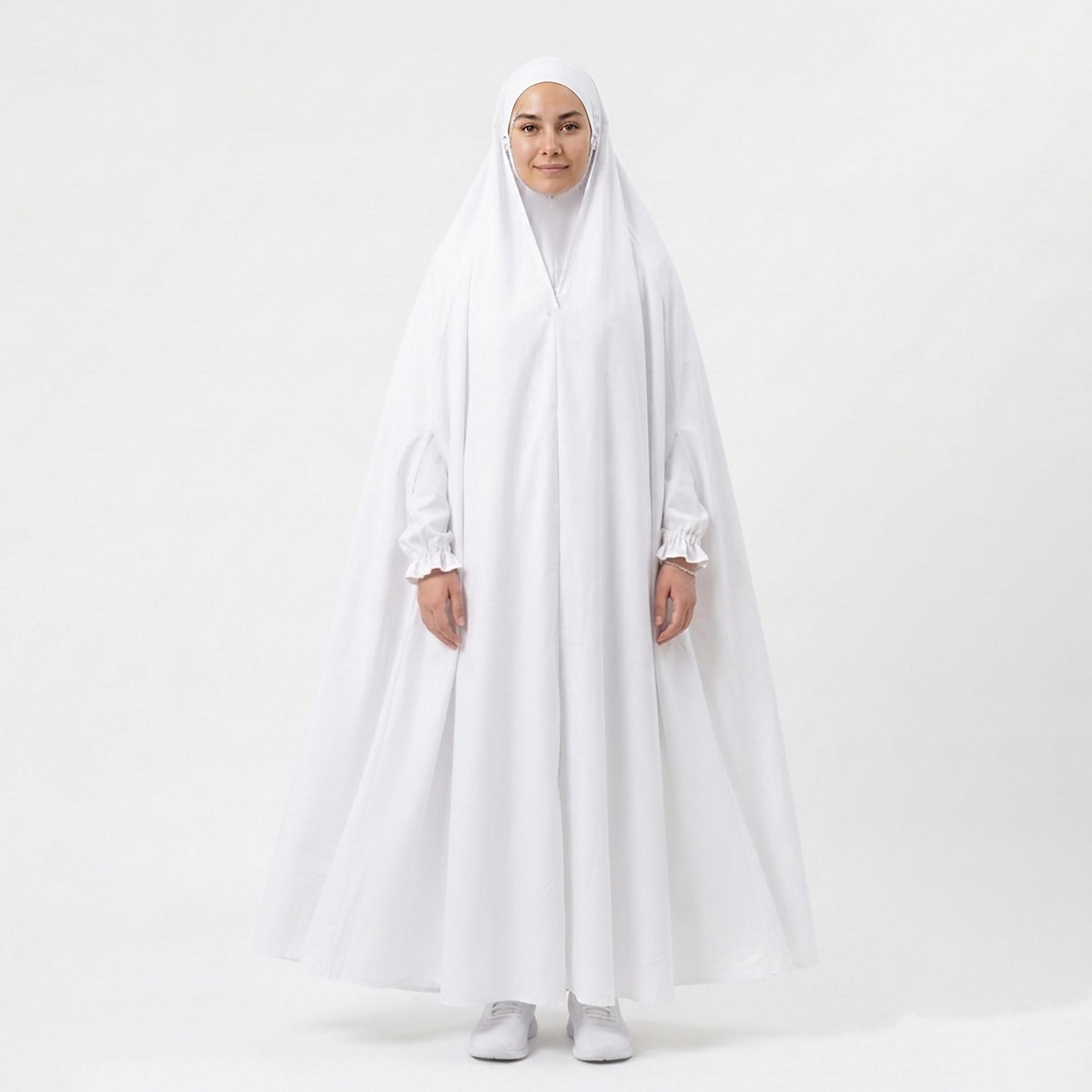 Hawraa White Elasticated Cuff Sleeves Linen Women's Hajj Abaya with Hijab-women-arabicclothing-prayerclothing-image-1