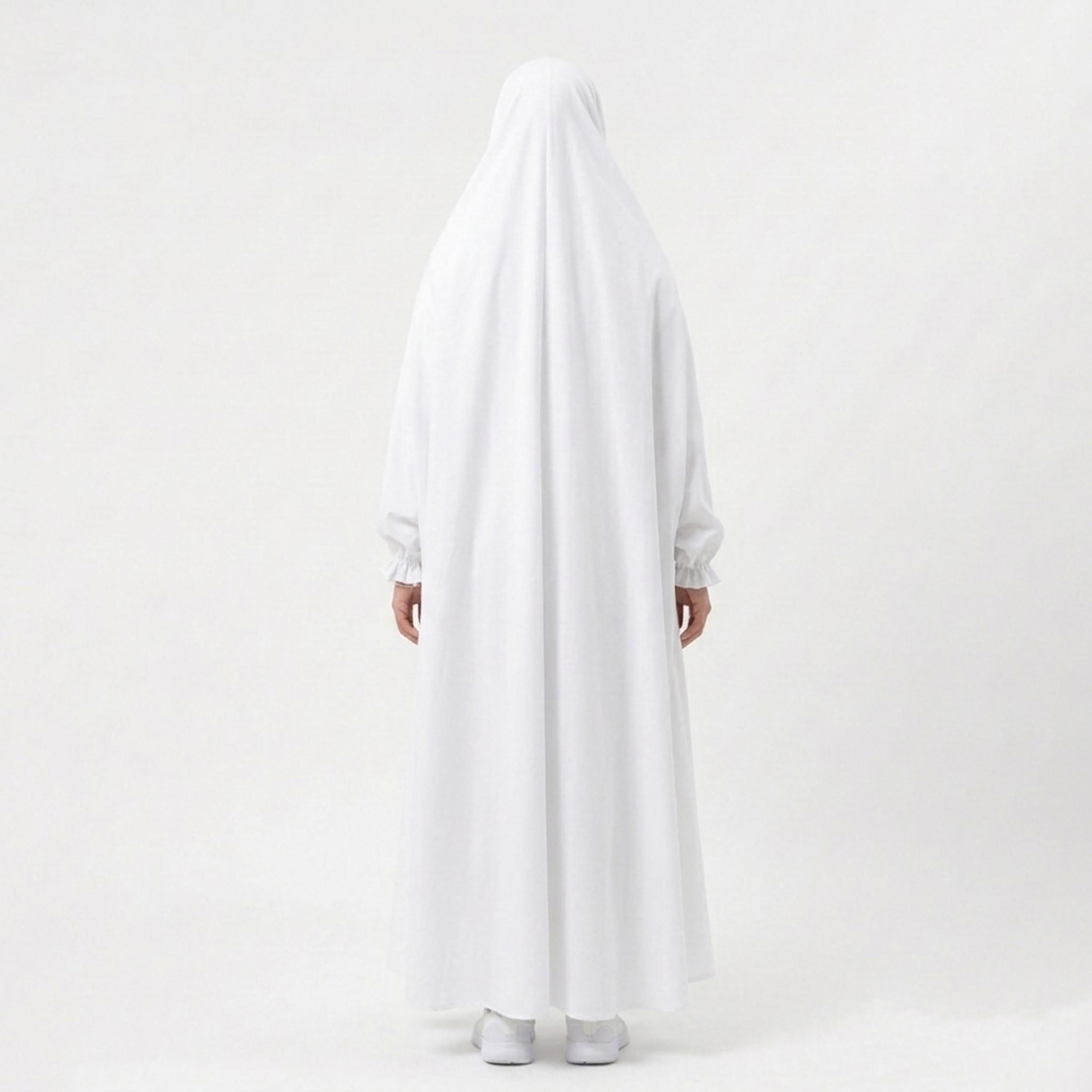 Hawraa White Elasticated Cuff Sleeves Linen Women's Hajj Abaya with Hijab-women-arabicclothing-prayerclothing-image-4