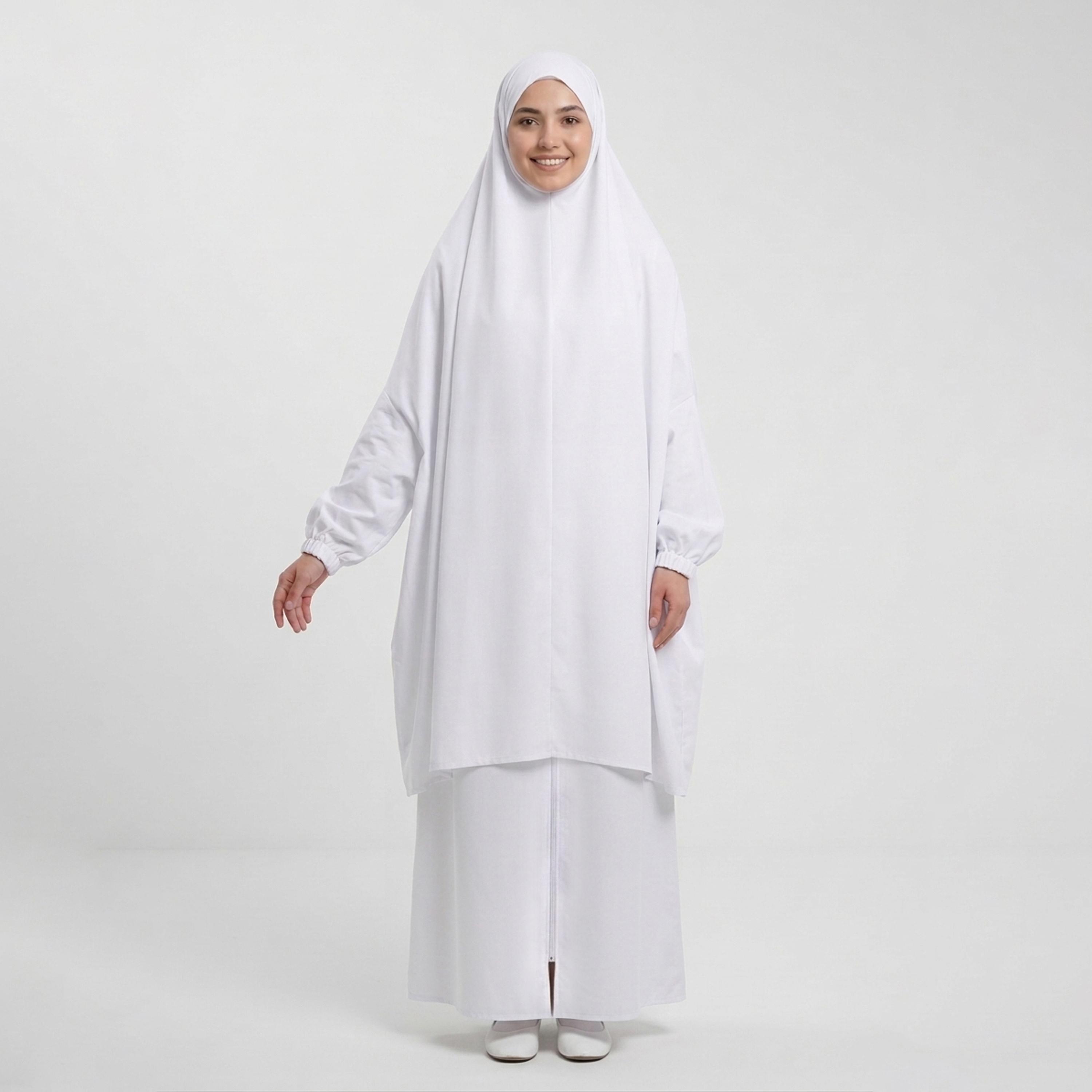 Hawraa White Elasticated Cuff Sleeves Linen Women's Hajj and Umrah Abaya with Hijab-women-arabicclothing-prayerclothing-image-1