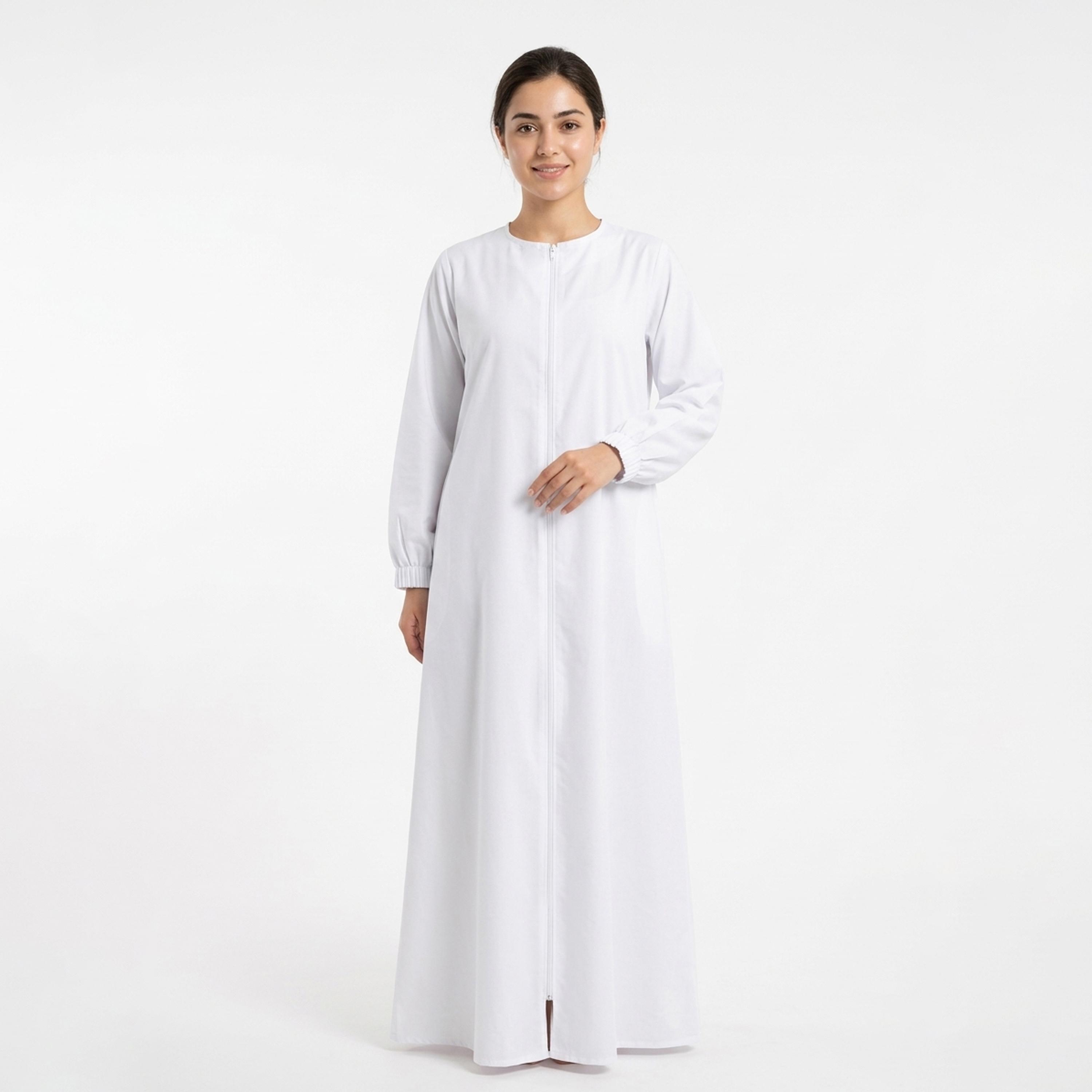 Hawraa White Elasticated Cuff Sleeves Linen Women's Hajj and Umrah Abaya with Hijab-women-arabicclothing-prayerclothing-image-2