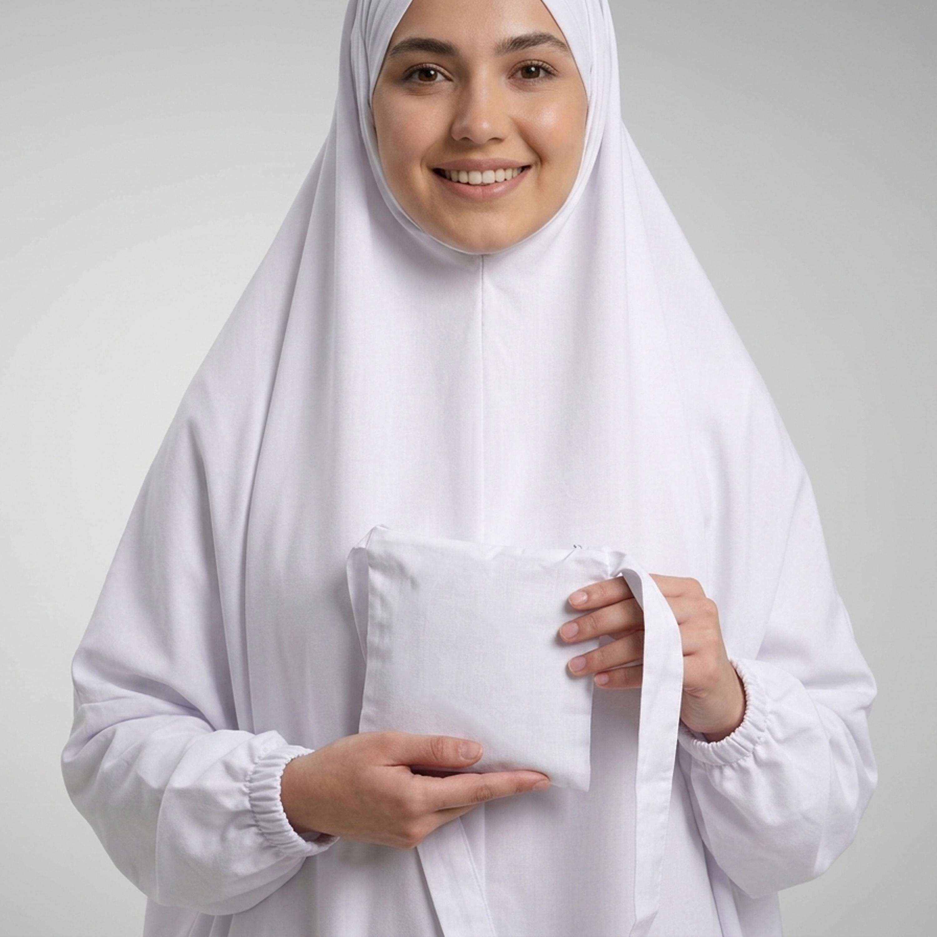 Hawraa White Elasticated Cuff Sleeves Linen Women's Hajj and Umrah Abaya with Hijab-women-arabicclothing-prayerclothing-image-3