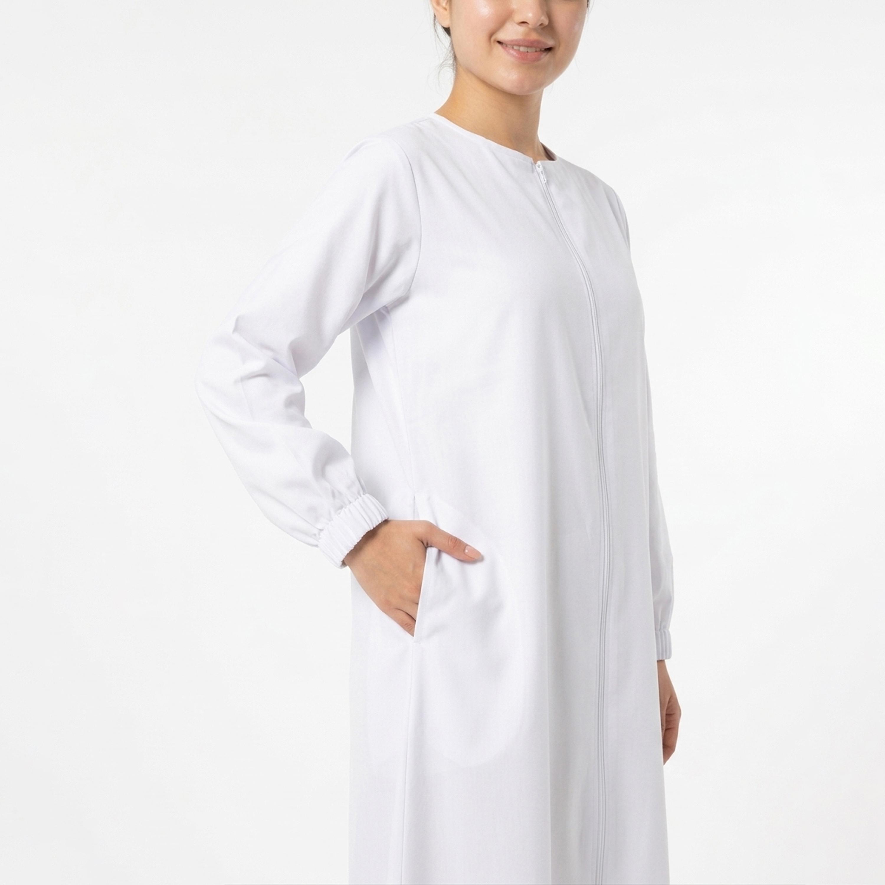 Hawraa White Elasticated Cuff Sleeves Linen Women's Hajj and Umrah Abaya with Hijab-women-arabicclothing-prayerclothing-image-4