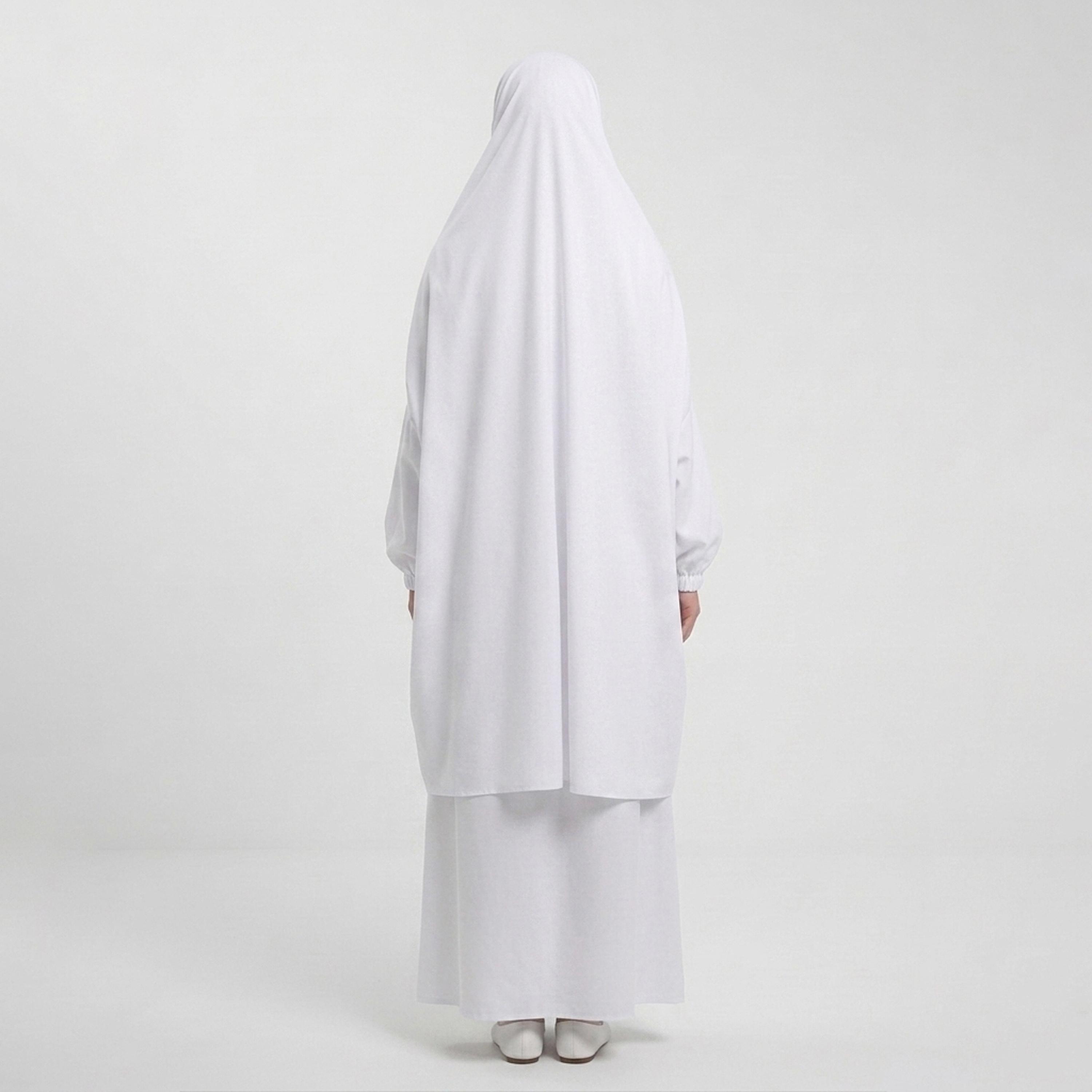 Hawraa White Elasticated Cuff Sleeves Linen Women's Hajj and Umrah Abaya with Hijab-women-arabicclothing-prayerclothing-image-5