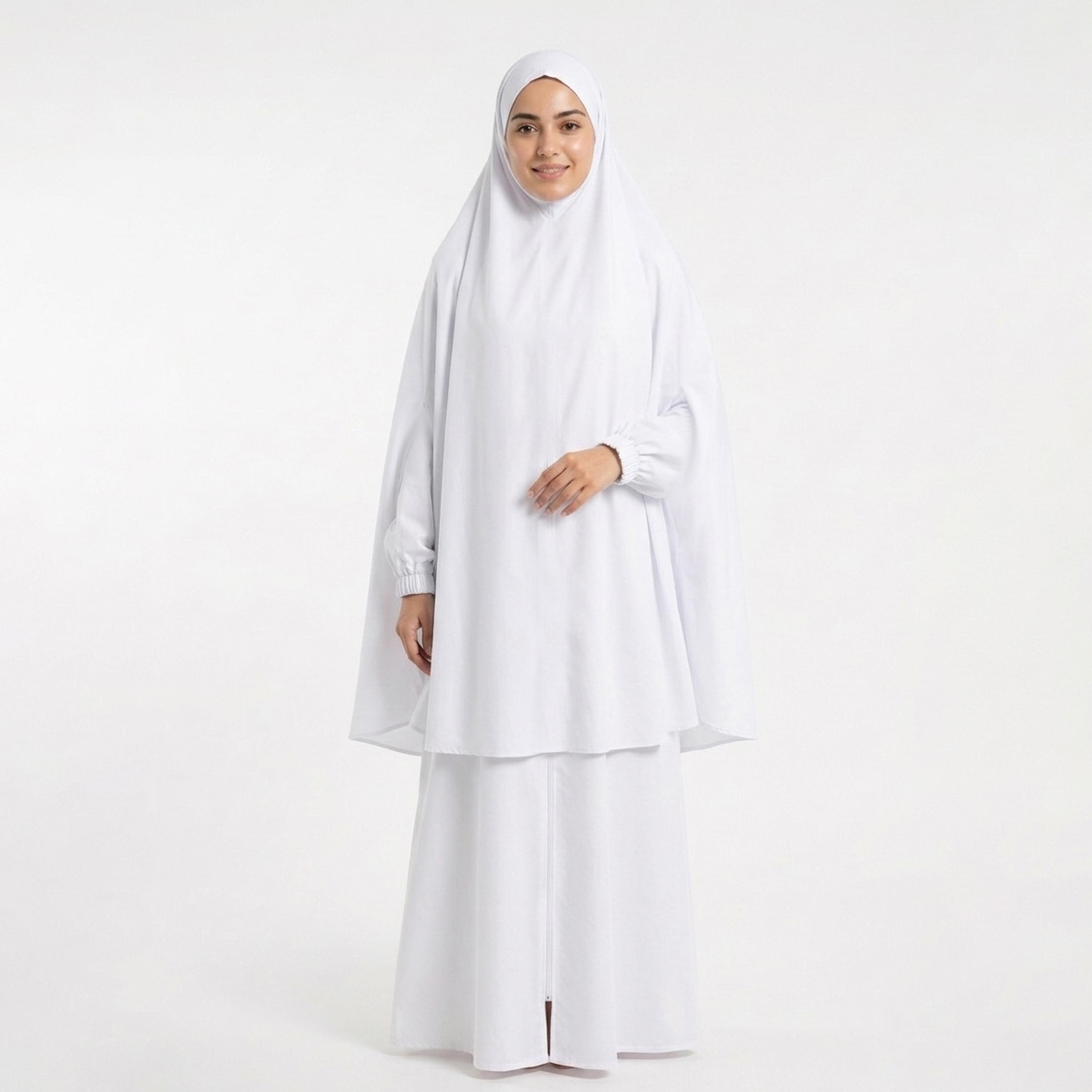 Hawraa White Elasticated Cuff Sleeves Linen Women's Hajj and Umrah Abaya with Hijab-women-arabicclothing-prayerclothing-image-6
