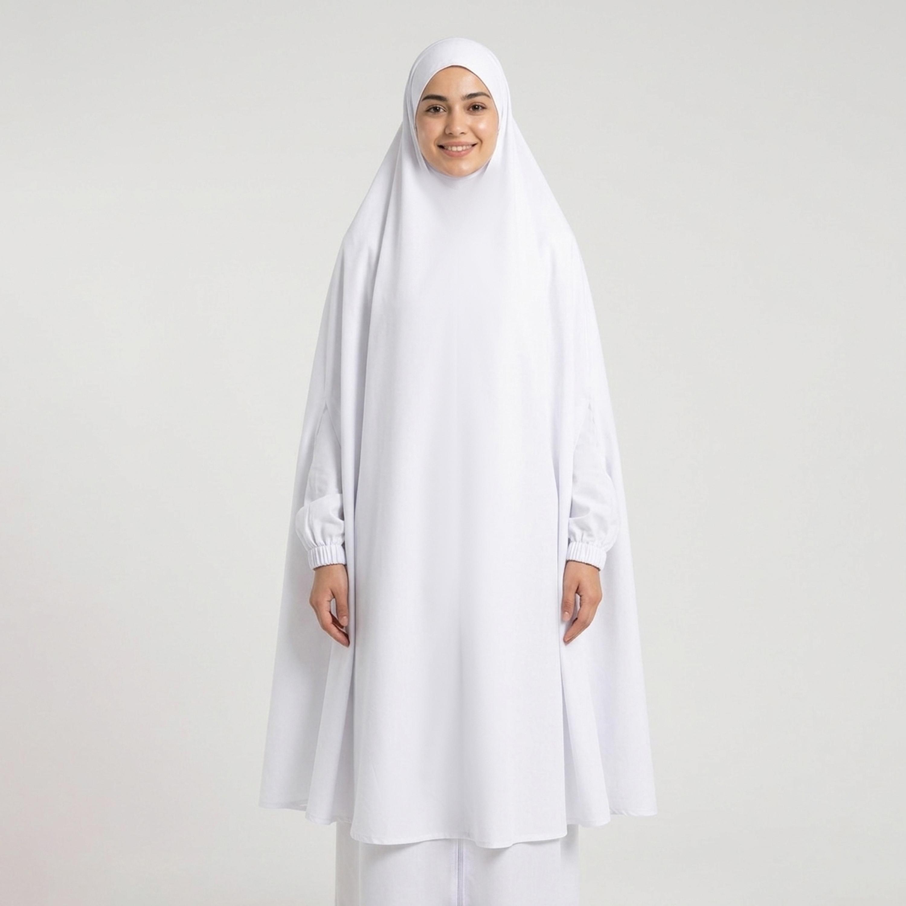 Hawraa White Elasticated Cuff Sleeves Linen Women's Hajj and Umrah Abaya with Hijab-women-arabicclothing-prayerclothing-image-7