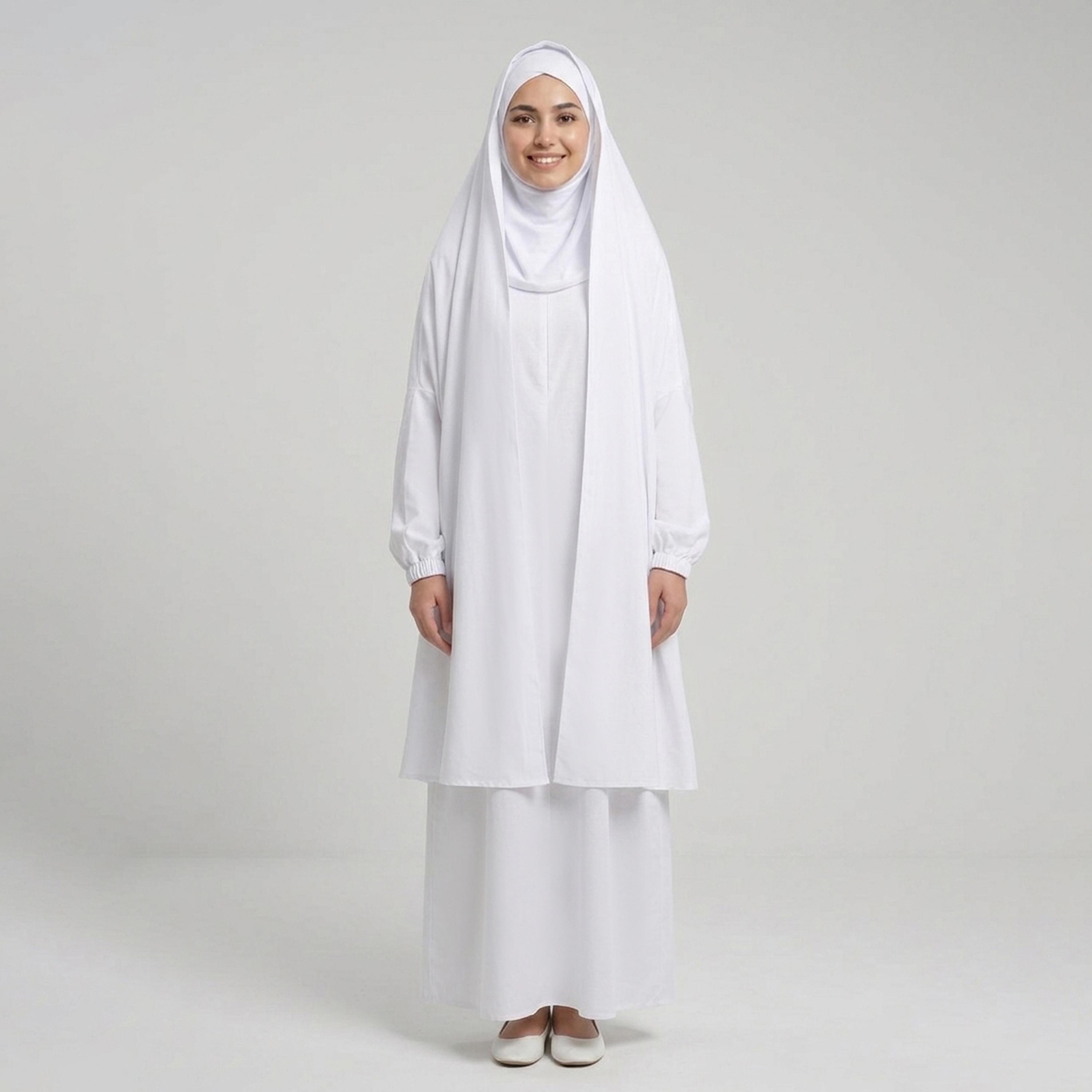 Hawraa White Elasticated Cuff Sleeves Linen Women's Hajj and Umrah Abaya with Hijab-women-arabicclothing-prayerclothing-image-1